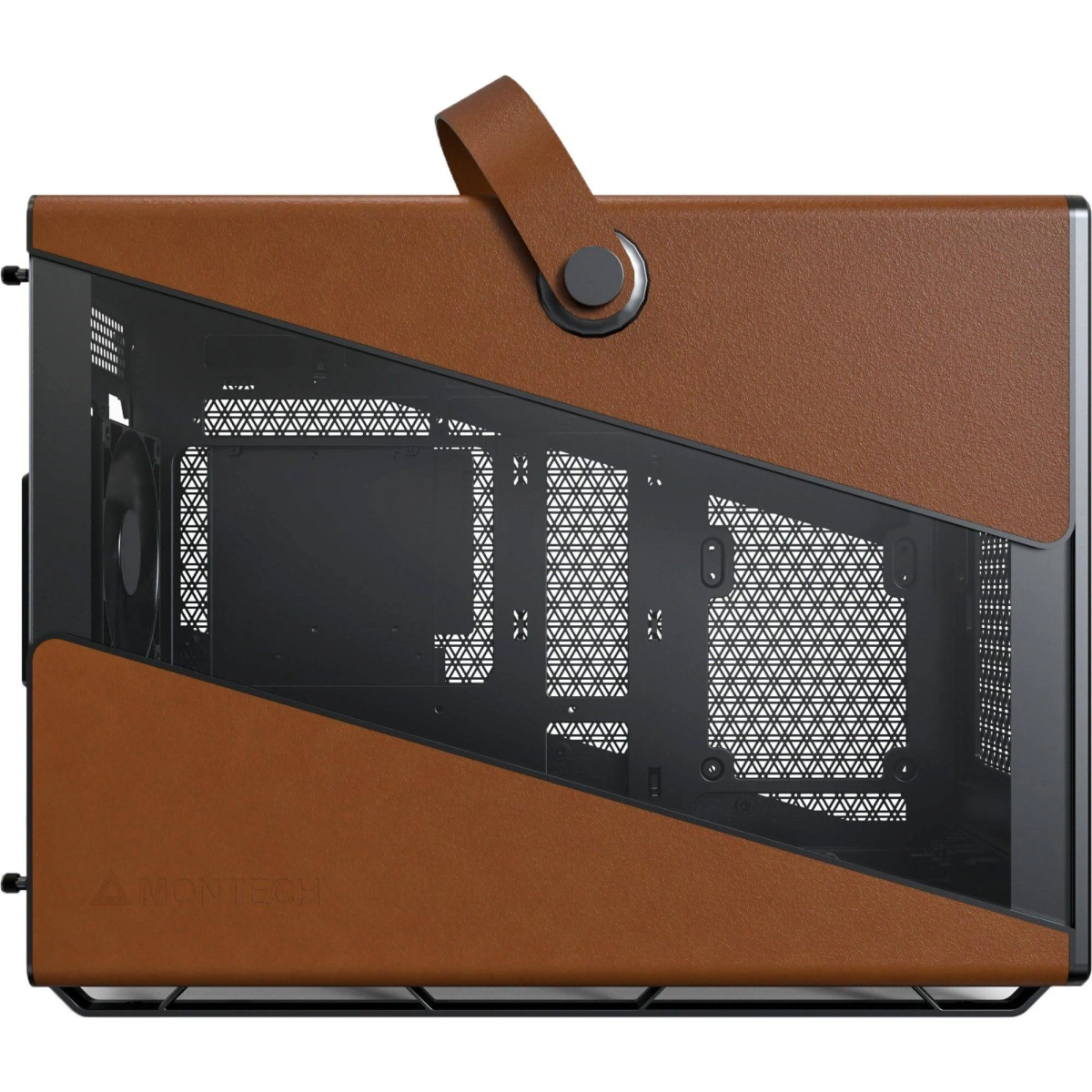 Un case per computer con esterno in pelle marrone. Ha una maniglia e un pannello laterale trasparente. Il marchio è visibile.
