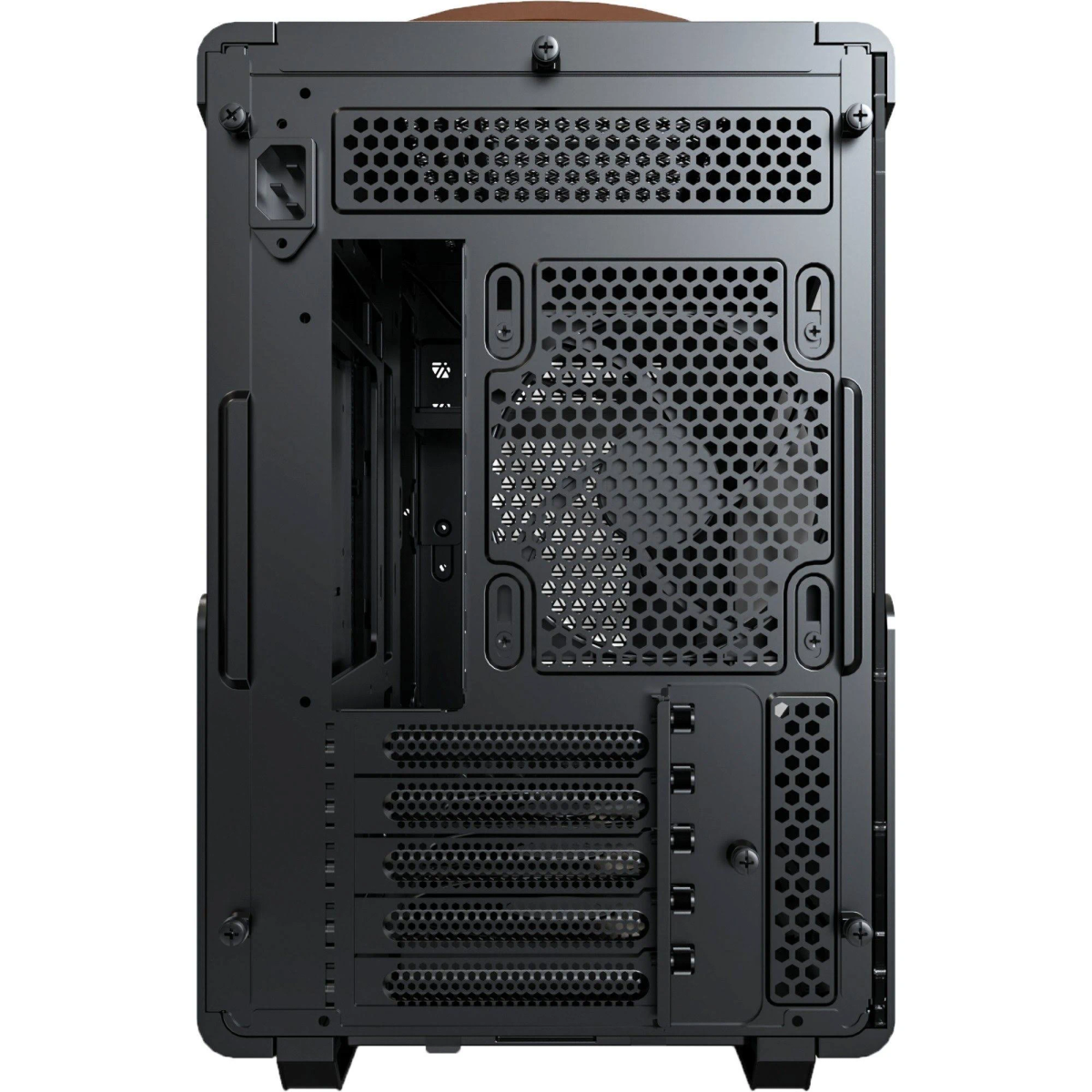 Un case per computer nero con vari fori di ventilazione e una maniglia marrone in alto. Viti visibili.