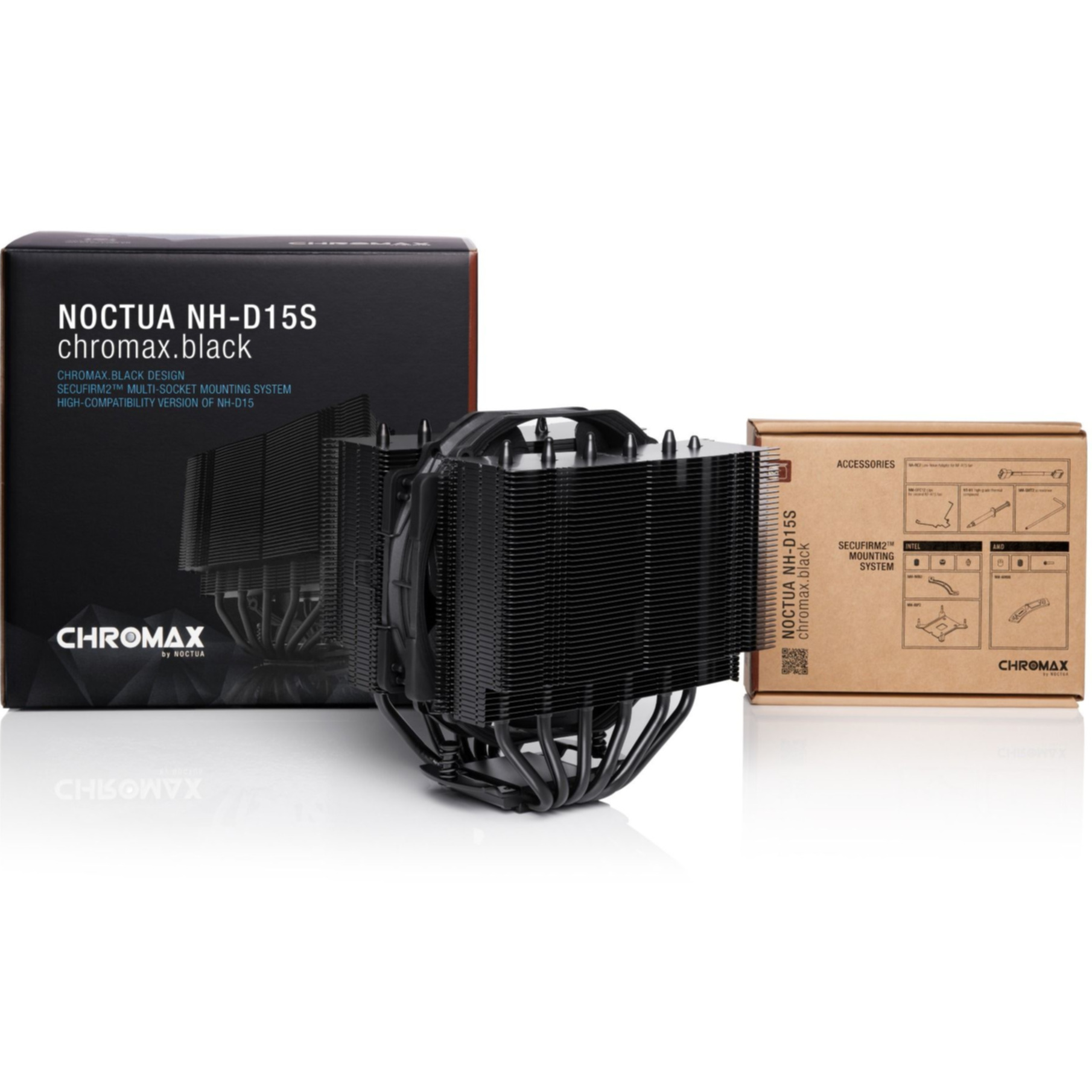 Czarny cooler CPU Noctua NH-D15S chromax.black z pudełkami. Cooler ma żeberka i rurki. Pudełka wyświetlają informacje o produkcie.