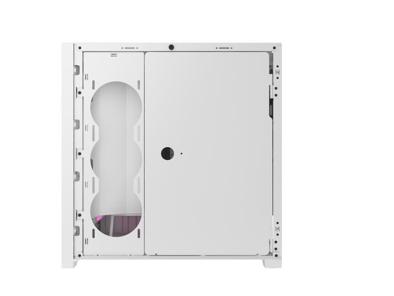 Wnętrze białej obudowy komputera. Posiada wycięcia na wentylatory, solidny panel i różne punkty montażowe.