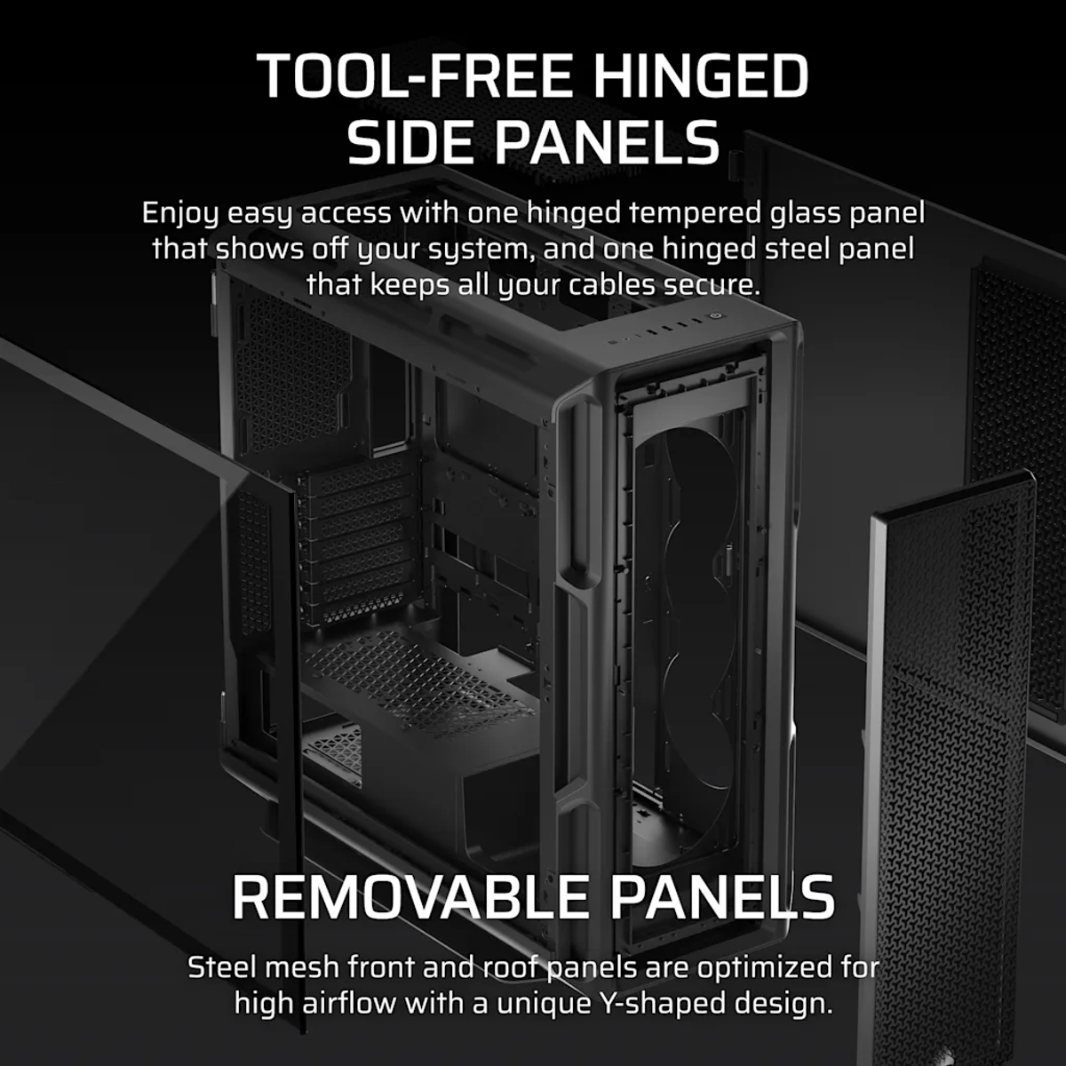 Czarna obudowa komputera z otwartym szklanym panelem. Tekst podkreśla zawiasowe panele boczne i wyjmowane panele.