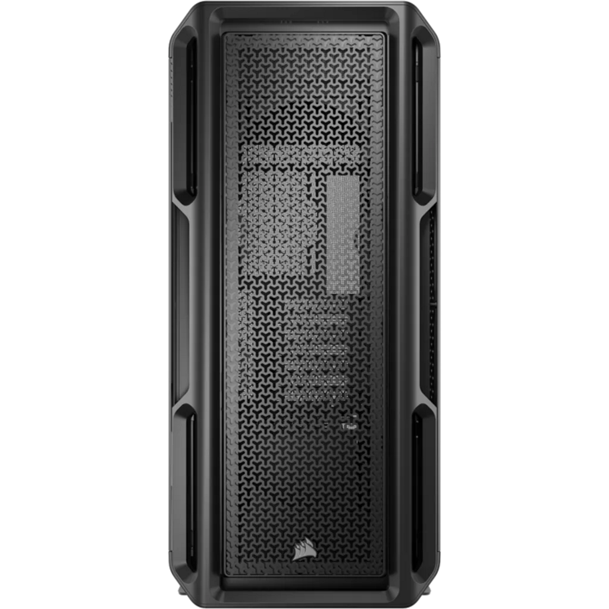 Zbliżenie czarnej obudowy komputera. Ma przedni panel z siatki, z powtarzającym się wzorem. Logo Corsair znajduje się na dole.