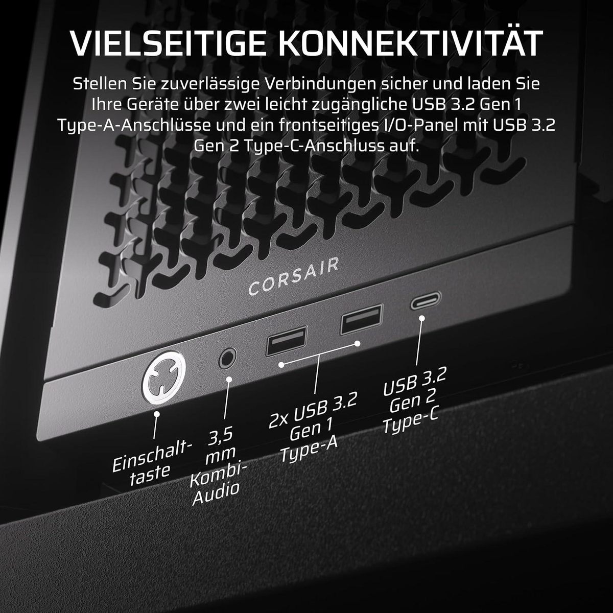 Zbliżenie czarnego panelu komputera z portami, logo Corsair i etykietami. Tekst wskazuje połączenia USB i audio.