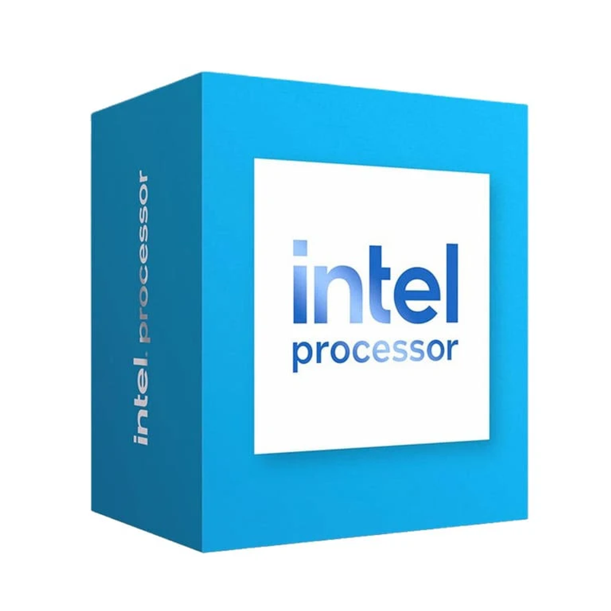Niebieska kostka z białym kwadratem. Logo Intel i tekst 'procesor' znajdują się na białym kwadracie.