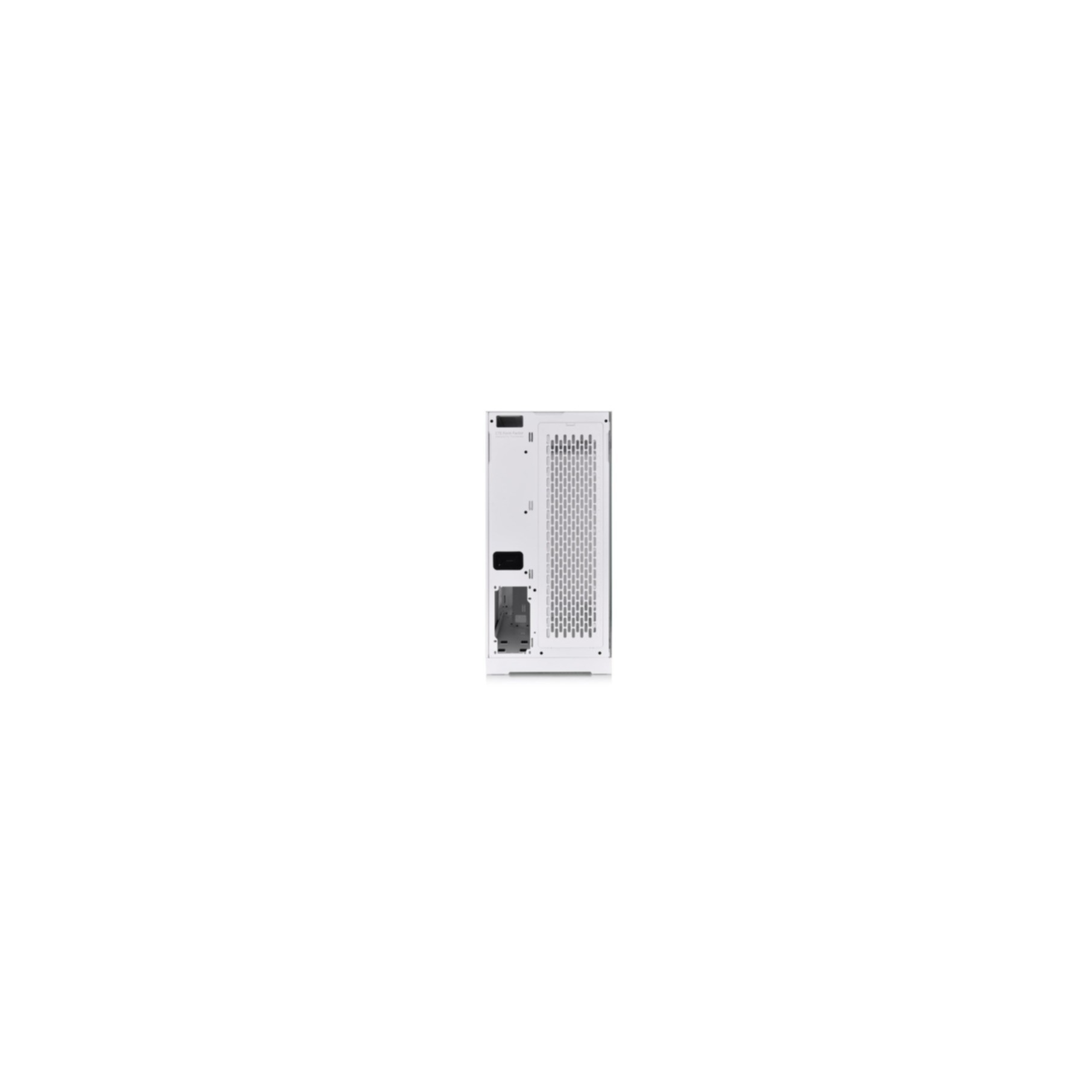 Viene mostrato un case per computer bianco. Il pannello posteriore ha un motivo a griglia e varie aperture.