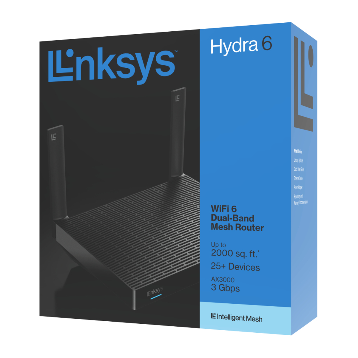 Se muestra una caja del enrutador de malla de banda dual WiFi 6 Linksys Hydra 6. Tiene un enrutador negro, detalles en azul e información del producto.