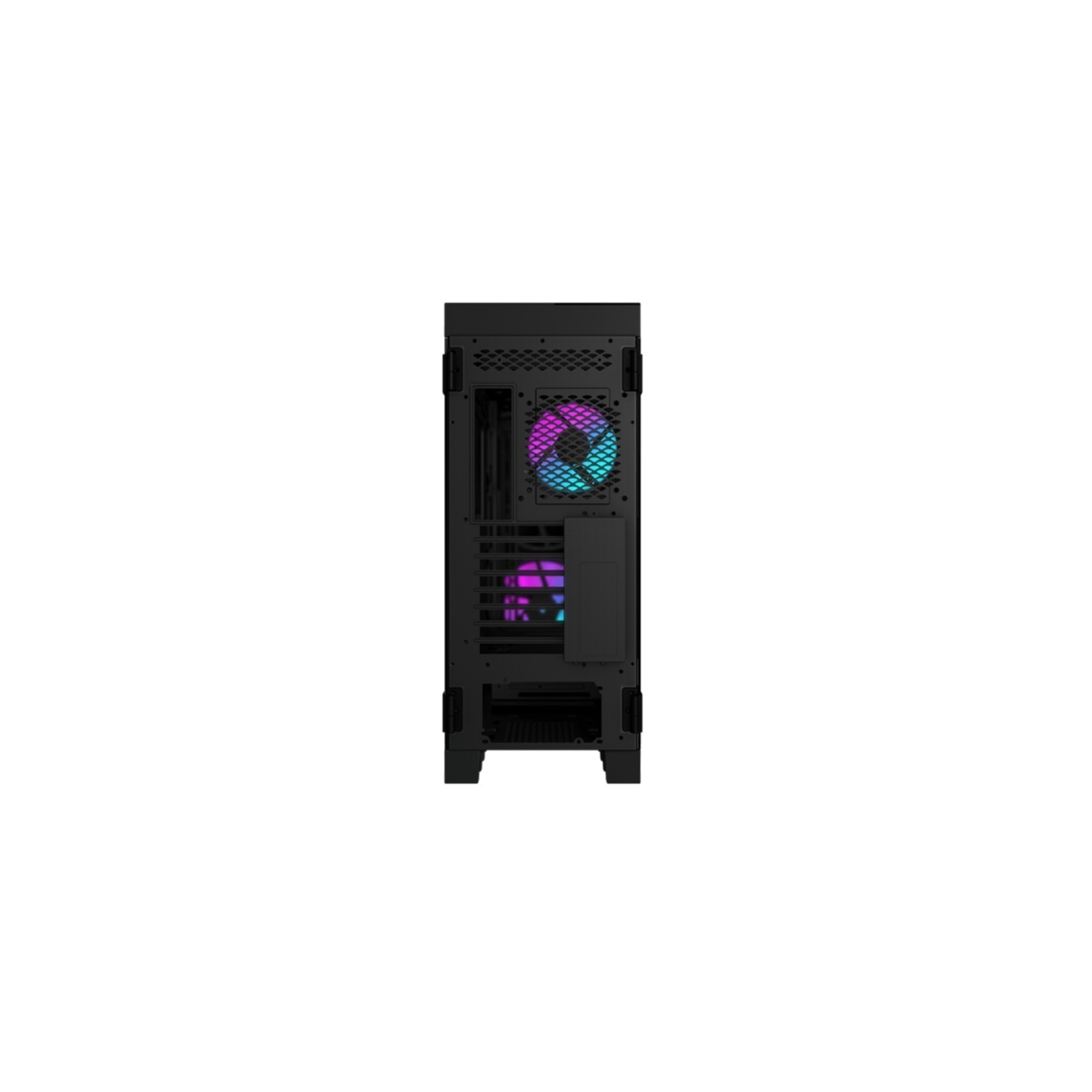 Case per computer nero con ventole RGB. La custodia ha prese d'aria e un pannello laterale. Le ventole mostrano colori blu, viola e rosa.