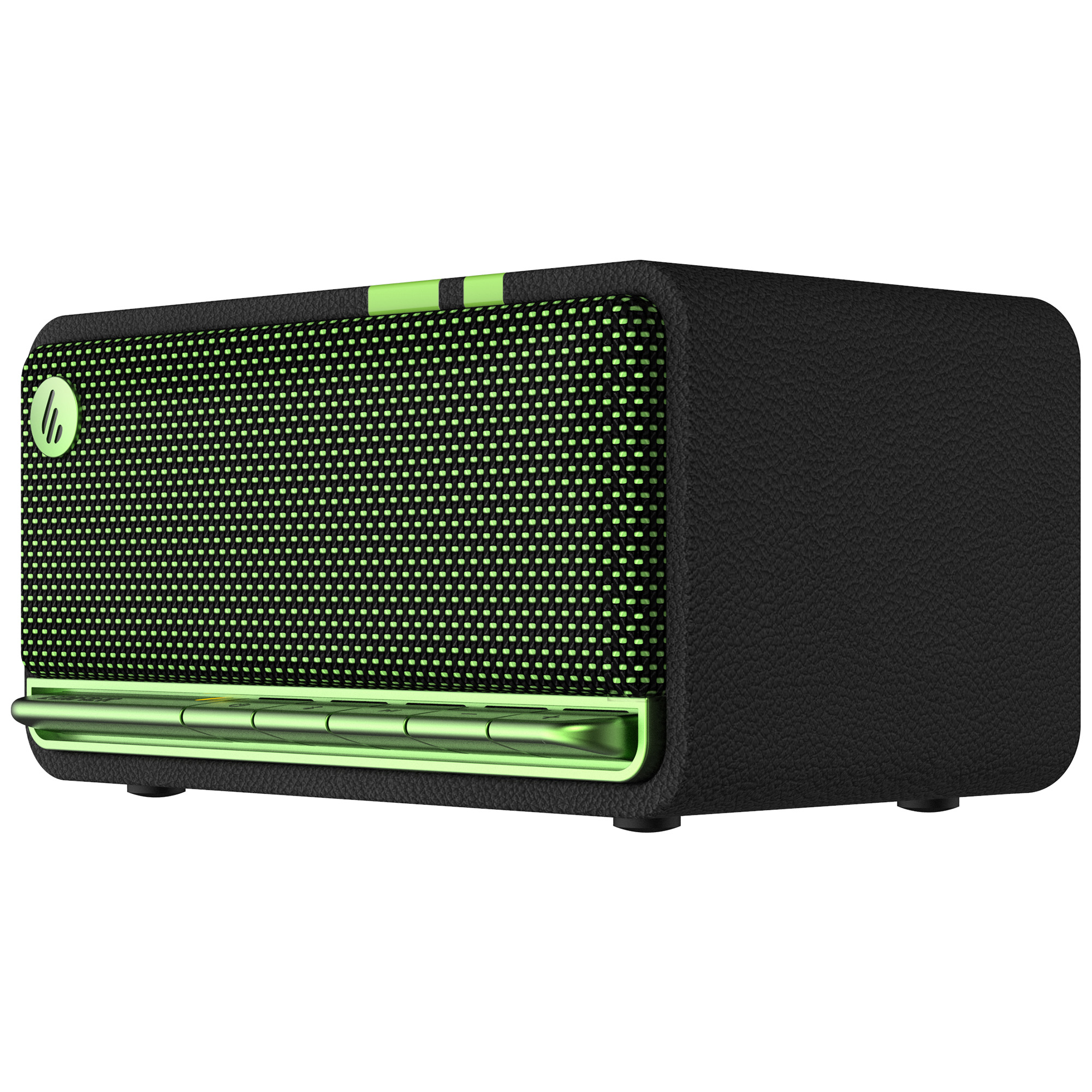 Prostokątny głośnik z czarną skórzaną teksturą i zielonym panelem przednim. Logo znajduje się po lewej stronie.