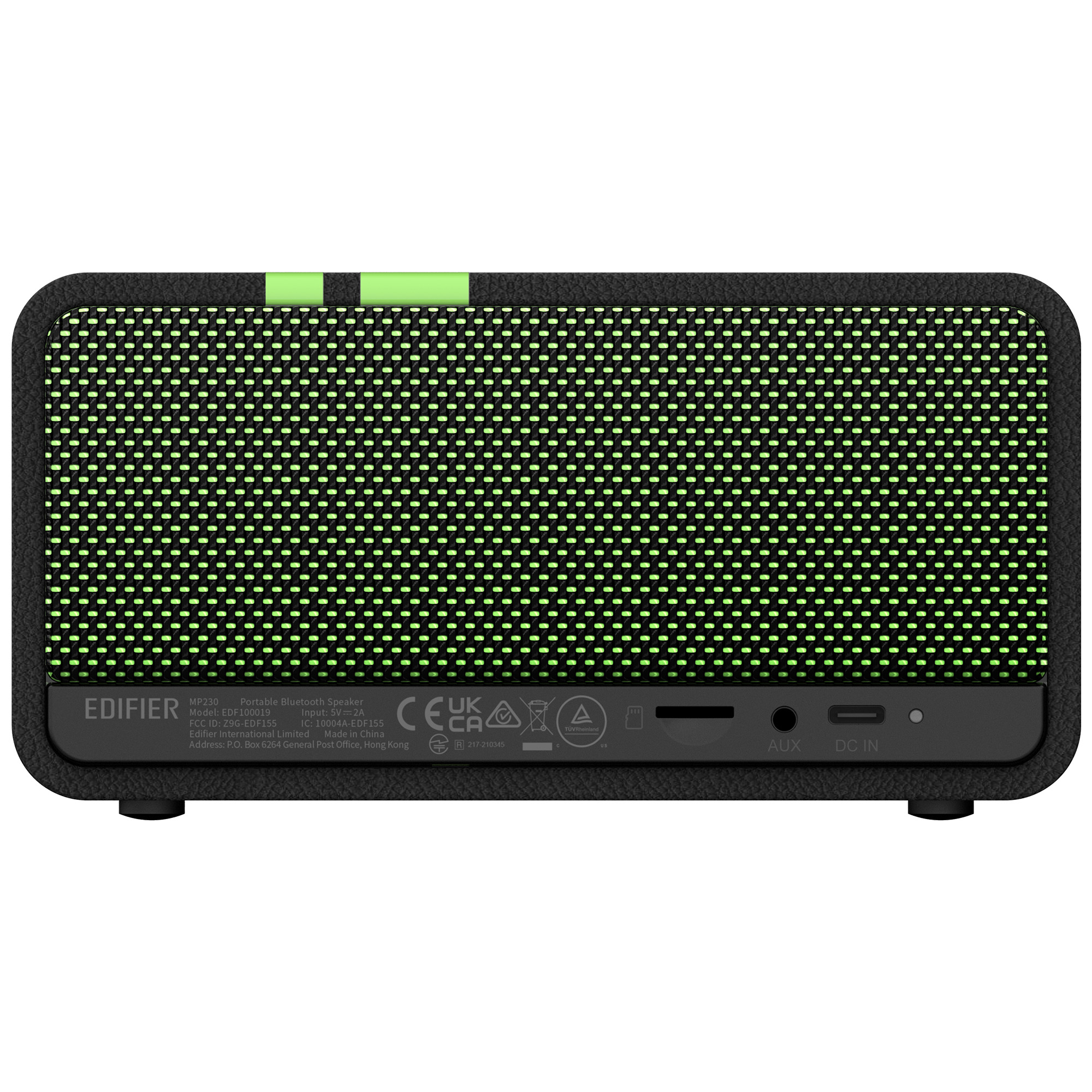 Czarny i zielony przenośny głośnik Bluetooth Edifier MP230. Ma wzorzysty przód, zielony pasek i porty z tyłu.