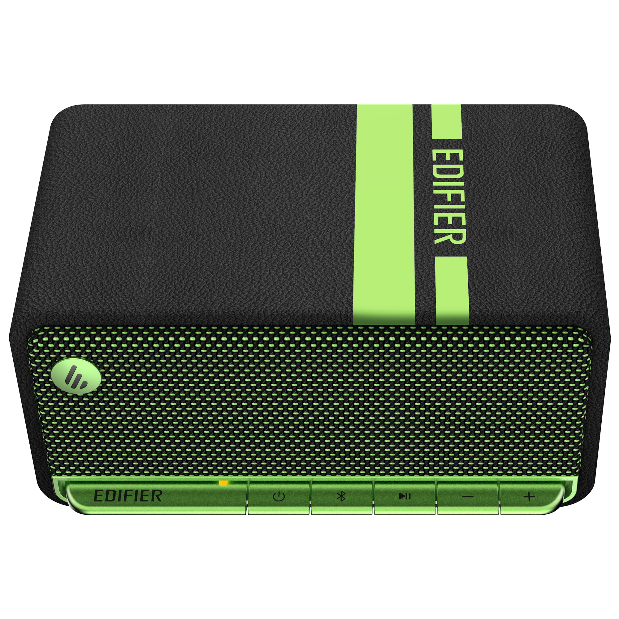 Czarny głośnik z zielonymi akcentami. Ma zielony pasek i zielony przedni panel z siatki. Marka to 'EDIFIER'.