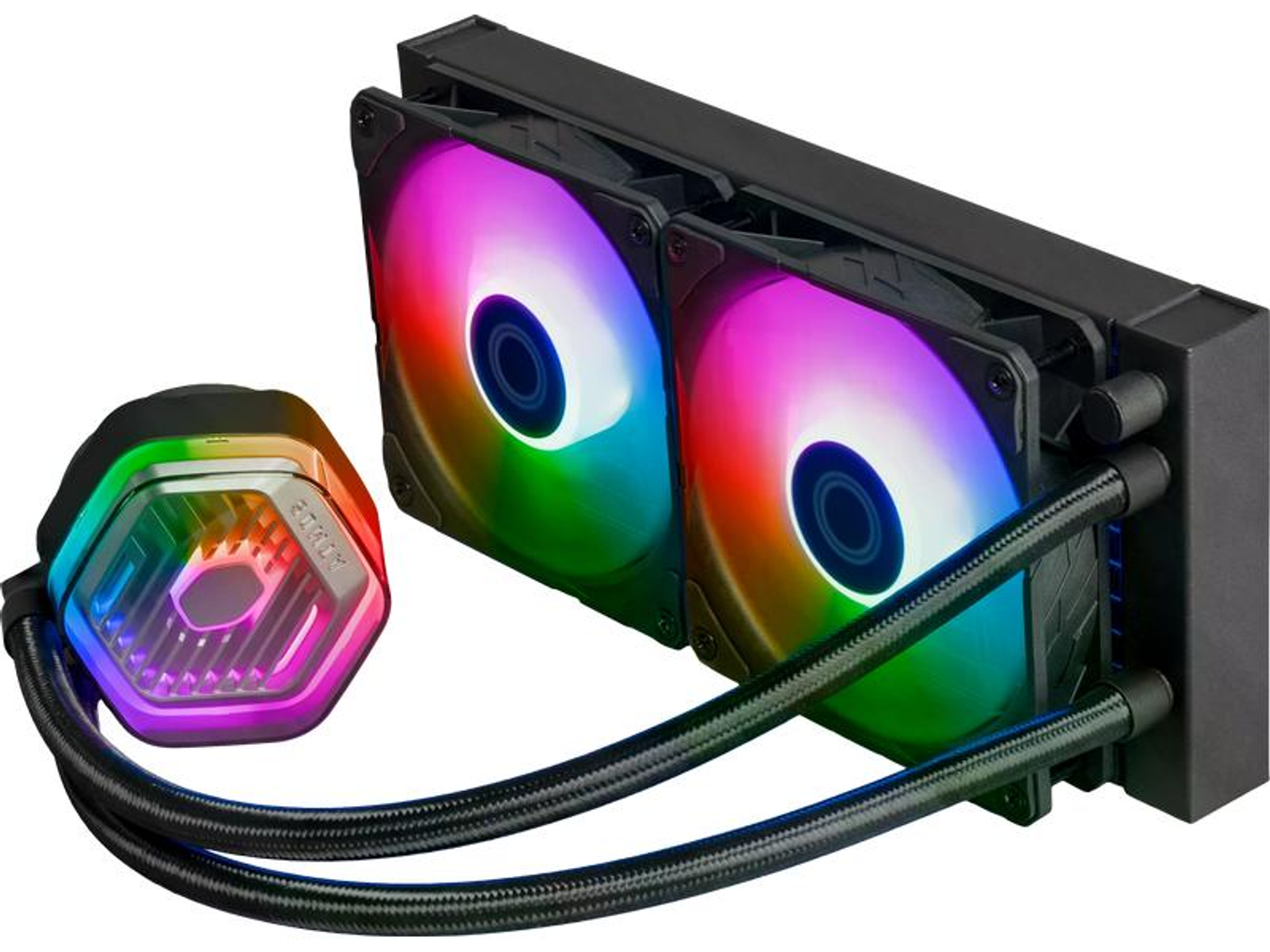 Un enfriador líquido para computadora con ventiladores. Los ventiladores tienen luces coloridas. También son visibles tubos y una bomba.