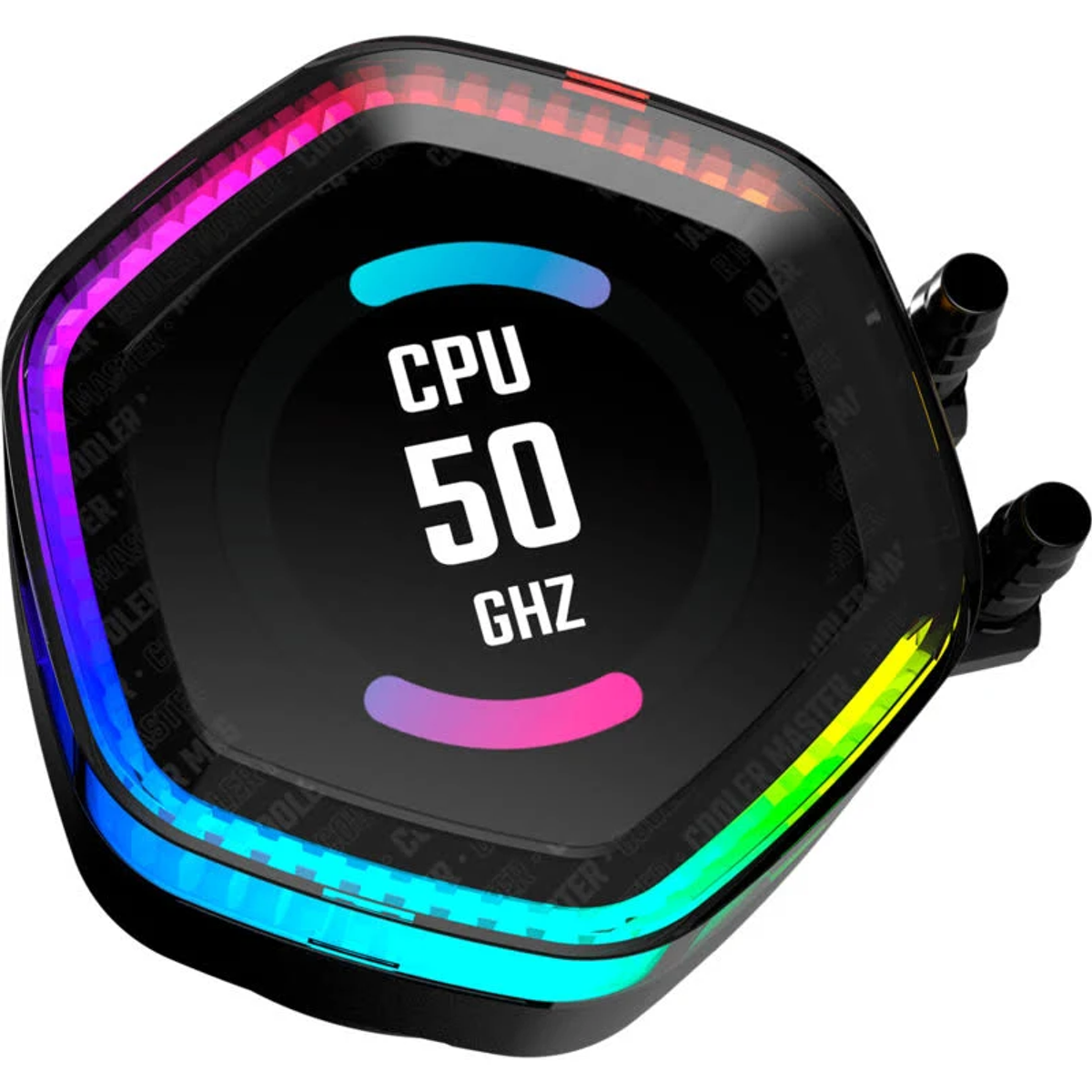 Czarny cooler CPU z wyświetlaczem pokazującym 'CPU 50 GHz'. Posiada kolorowe światła LED na krawędziach i na wyświetlaczu.