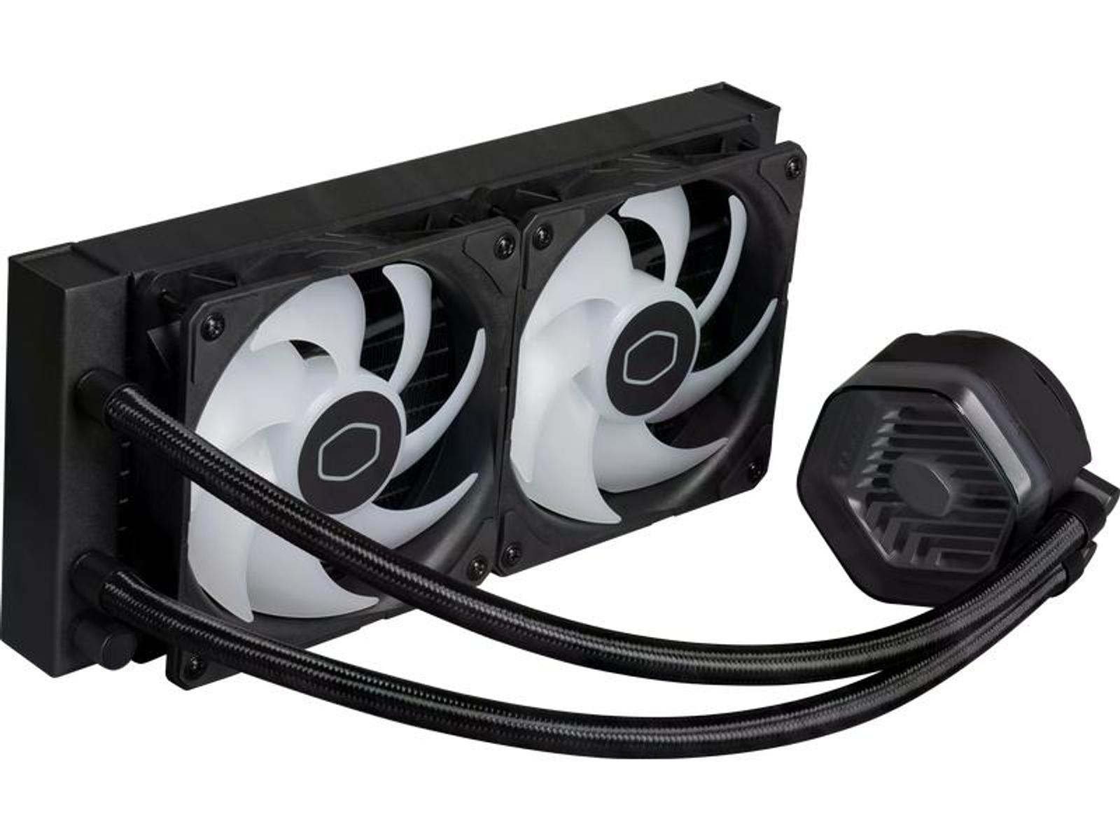 Enfriador líquido para computadora en blanco y negro, dos ventiladores, tubos y un bloque de agua visibles.