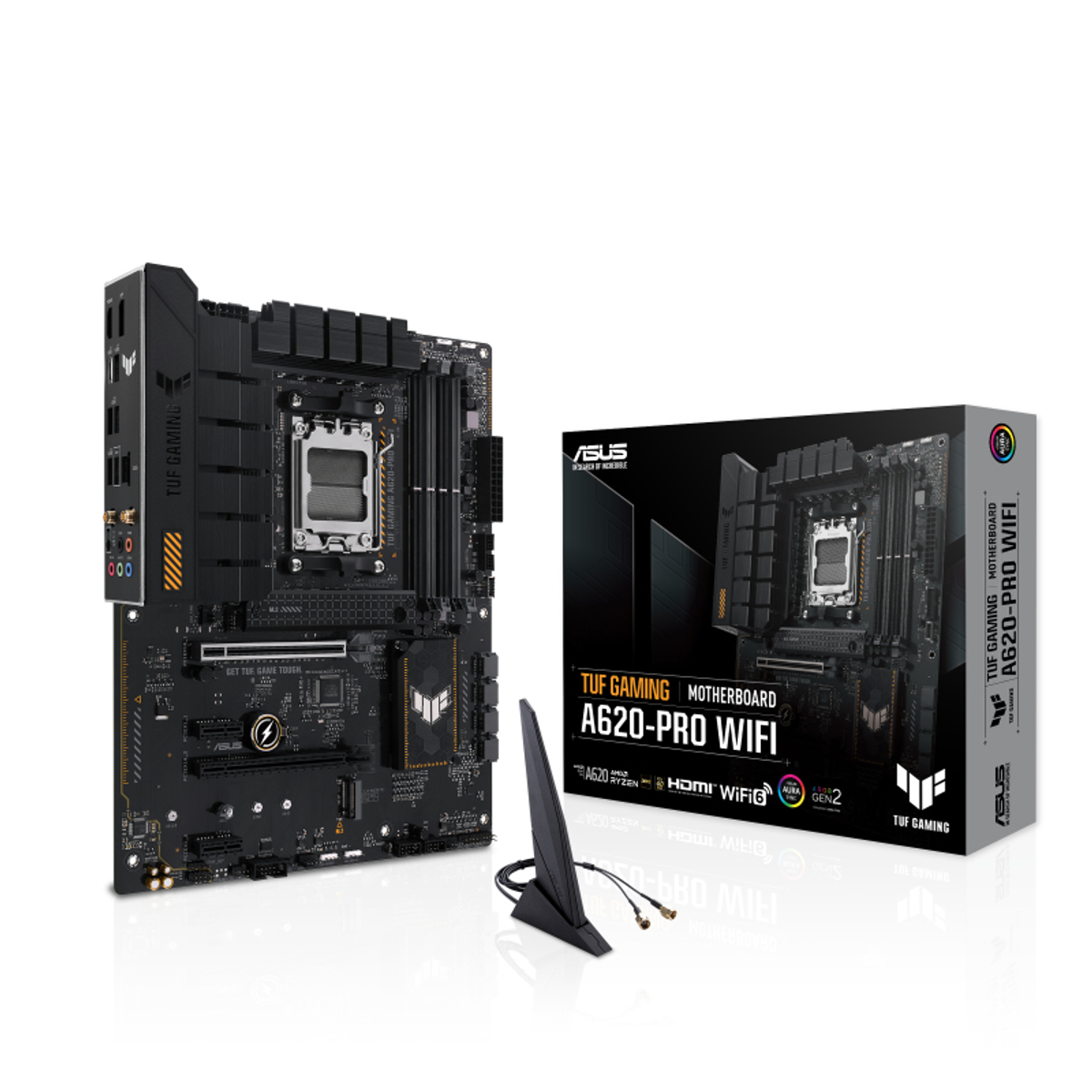 Une carte mère ASUS TUF Gaming A620-PRO WIFI noire, une boîte et une antenne sur une surface blanche. Accents noirs et jaunes.