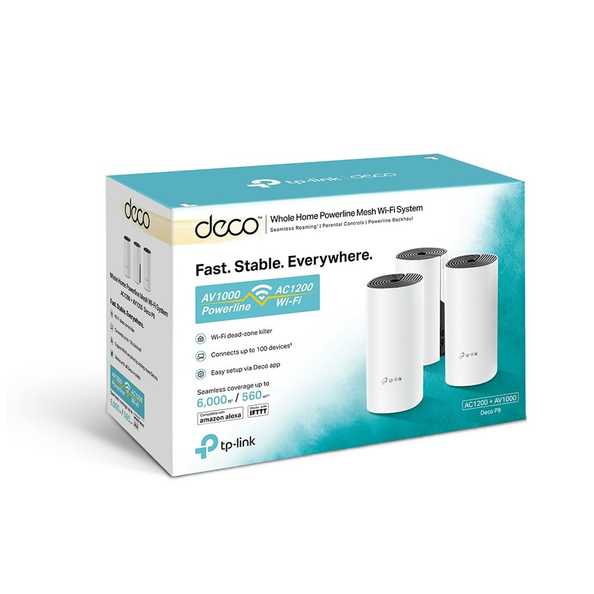 Una caja blanca y turquesa muestra un sistema Wi-Fi. Tres cilindros blancos junto al texto. La caja tiene marca y detalles del producto.