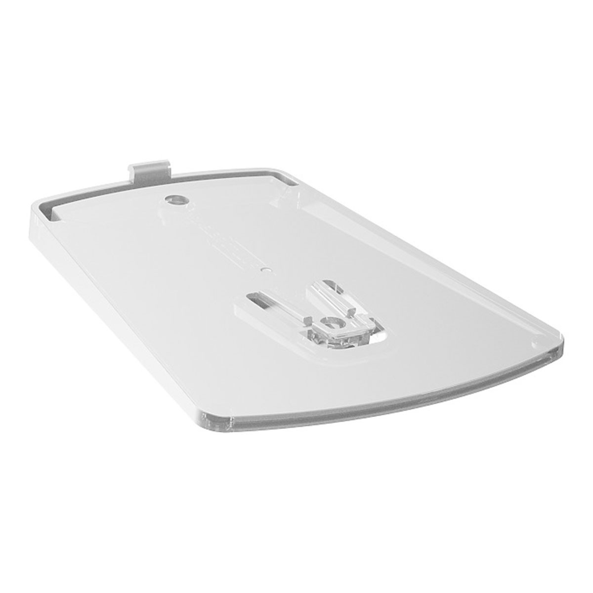 Biały, prostokątny element z tworzywa sztucznego z podniesioną krawędzią i małym klipsem. Ma przezroczysty, teksturowany fragment pośrodku.