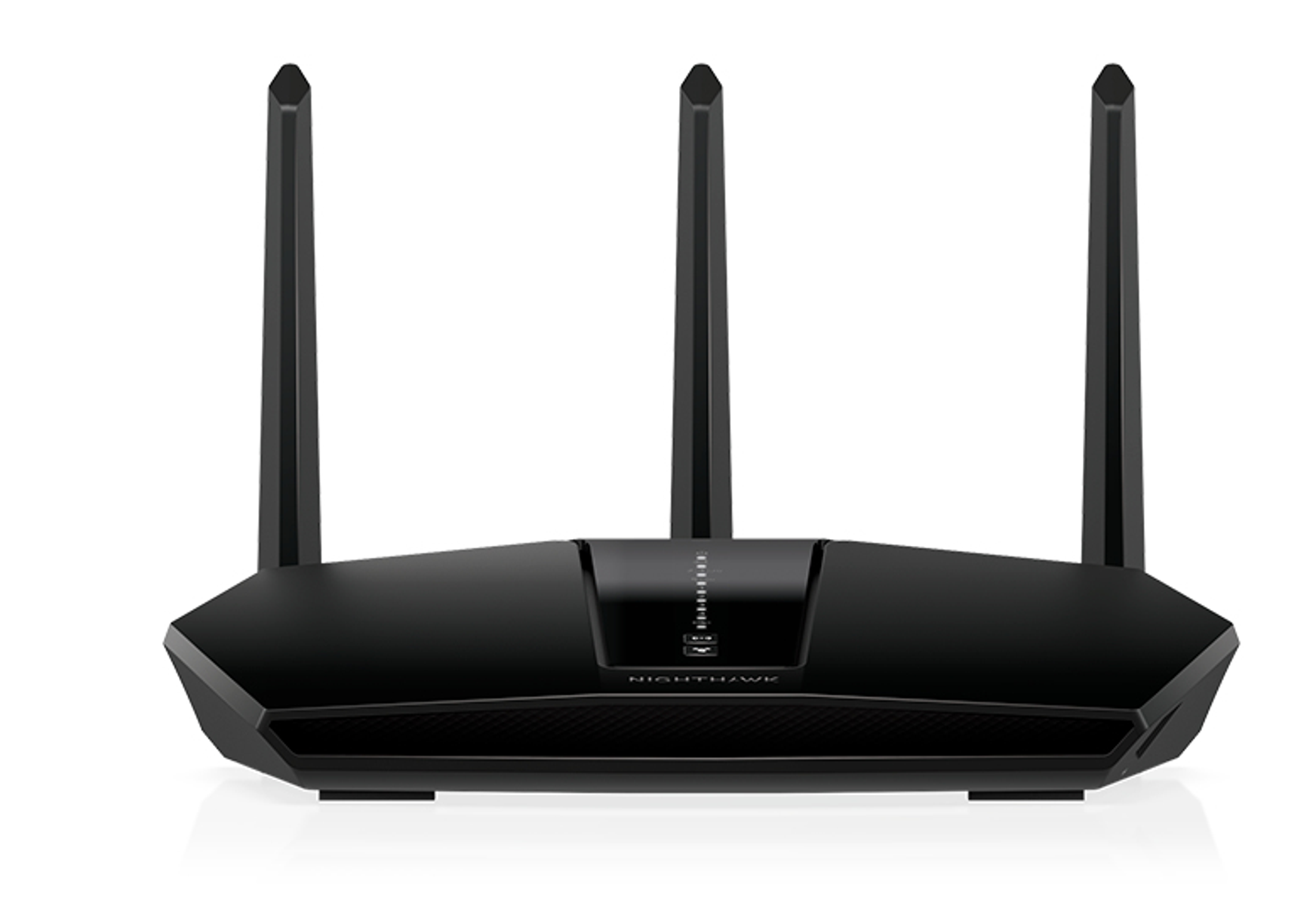 Czarny router Nighthawk z trzema antenami. Ma elegancki design. Tło jest białe.