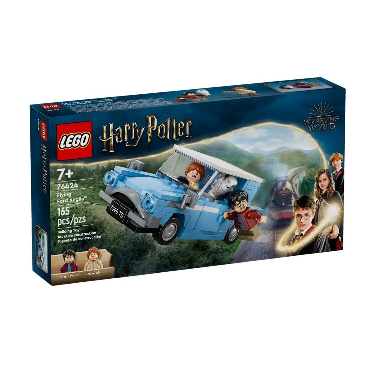 Zestaw Lego Harry Potter. Zawiera niebieski samochód z Harrym i Ronem, parowóz i inne postacie na pudełku.