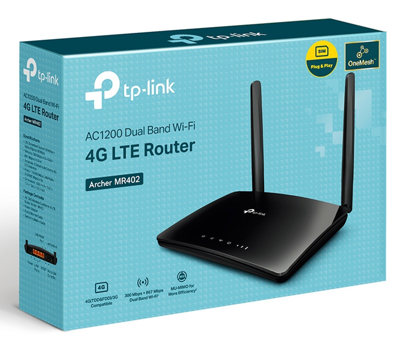 Un enrutador TP-Link AC1200 4G LTE negro está sobre una caja. La caja es azul y tiene texto blanco. Dos antenas se alzan altas.