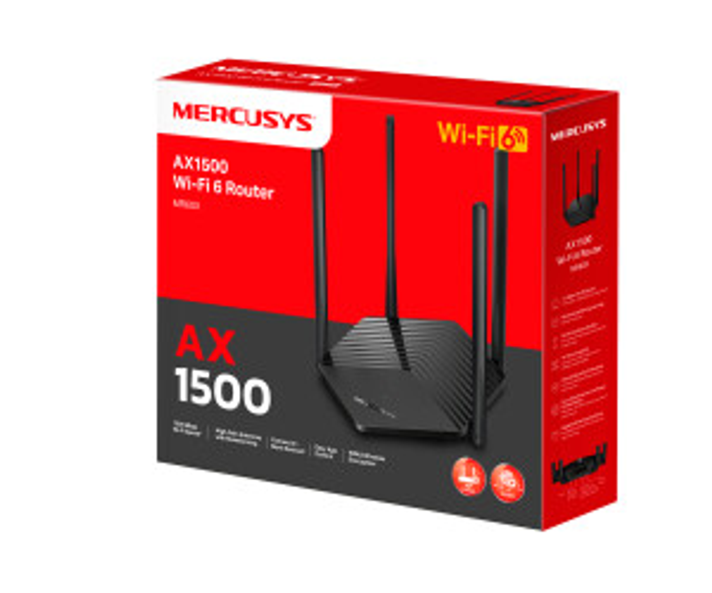 Een rood-zwarte Mercusys AX1500 Wi-Fi 6 routerbox met een zwarte router en antennes. De doos bevat productinfo.