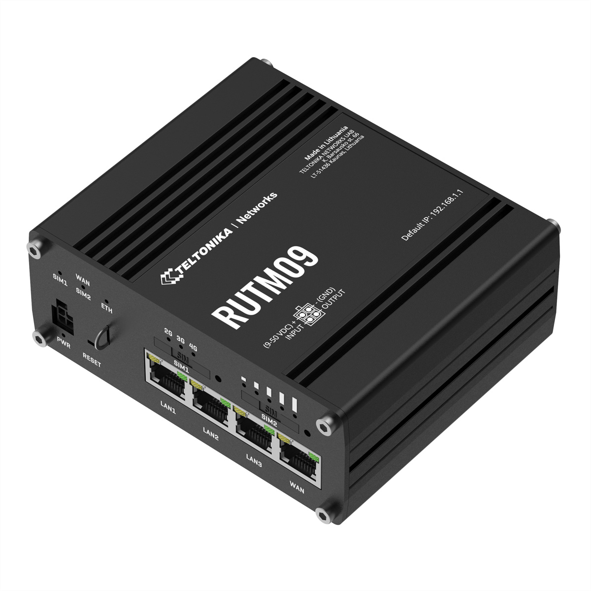 Zwarte Teltonika RUTM09 router. Heeft meerdere poorten, waaronder WAN, LAN en SIM-slots. Bevat labels en verbindingsdetails.