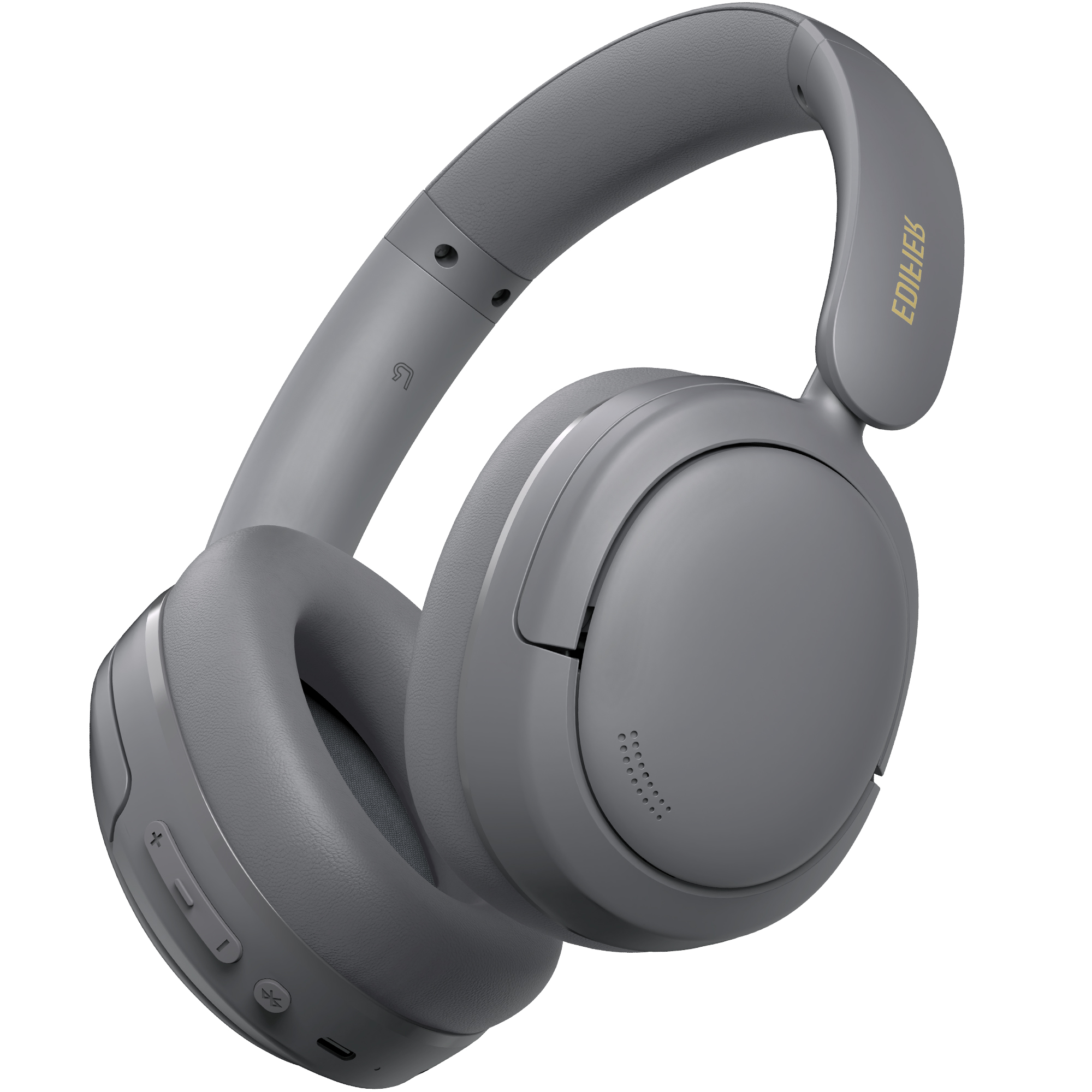 Szare słuchawki nauszne. Widoczna nazwa marki 'EDIFIER'. Słuchawki na białym tle.