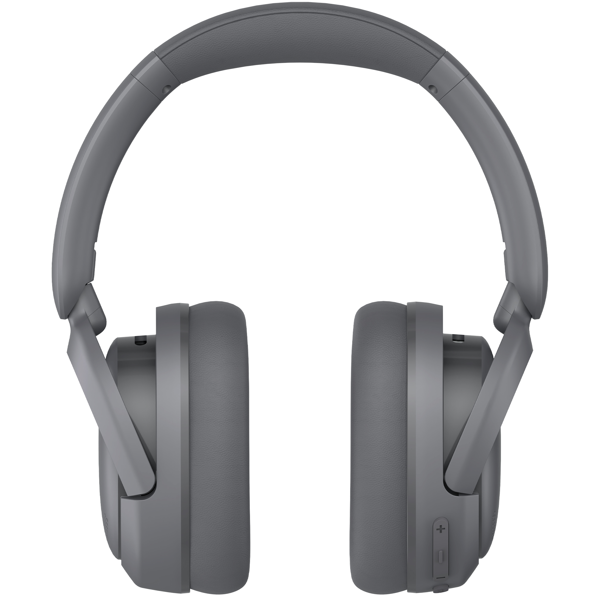 Szare słuchawki na białym tle. Muszle są duże, z regulowanym pałąkiem. Widoczne regulatory głośności na prawej słuchawce.