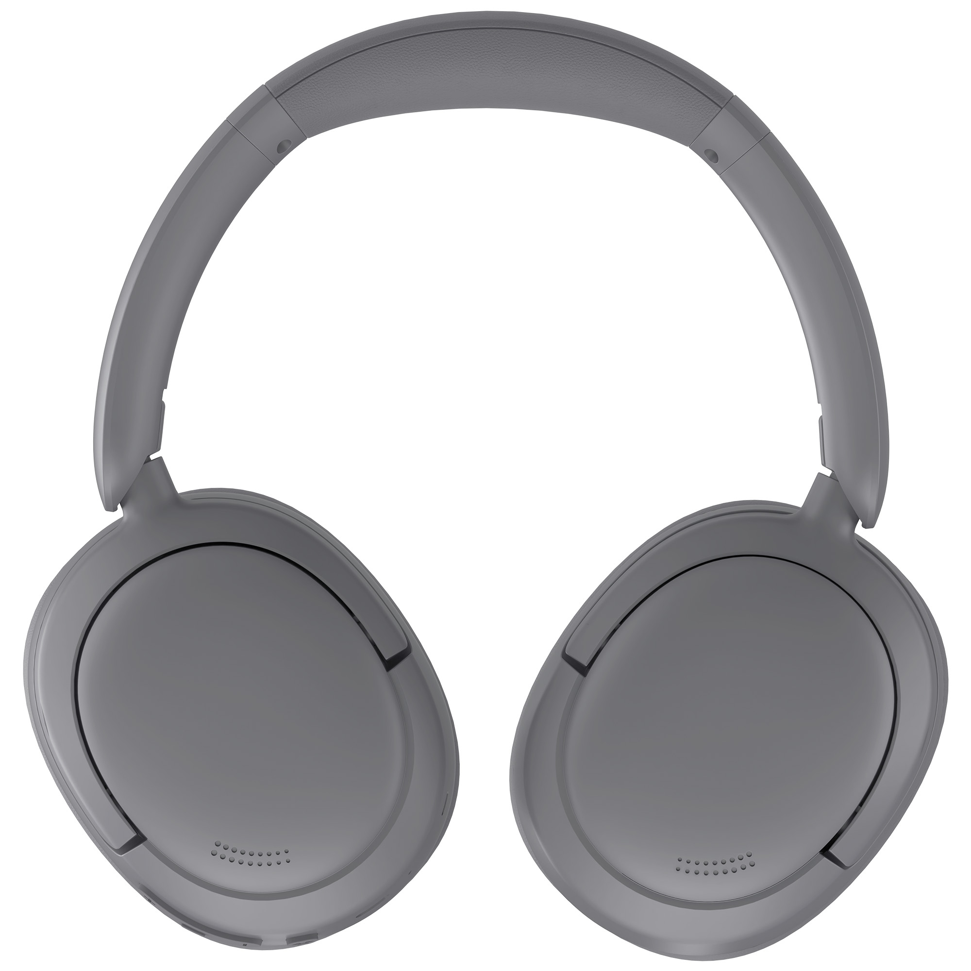 Szare słuchawki z pałąkiem i nausznikami, na białym tle. Nauszniki mają małe otwory.