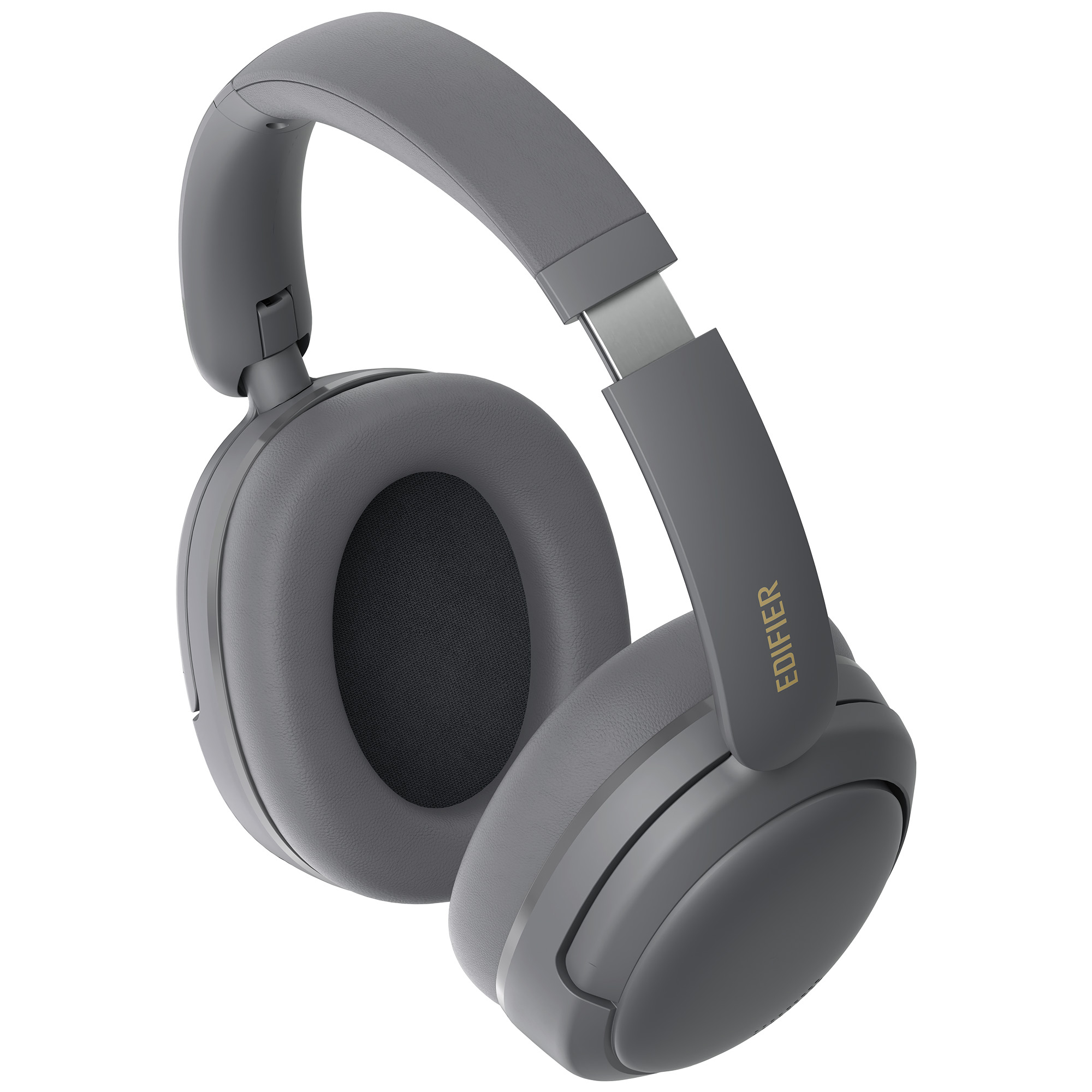 Szare słuchawki Edifier na białym tle. Widoczna jest lewa słuchawka. Nazwa marki jest wydrukowana z boku.
