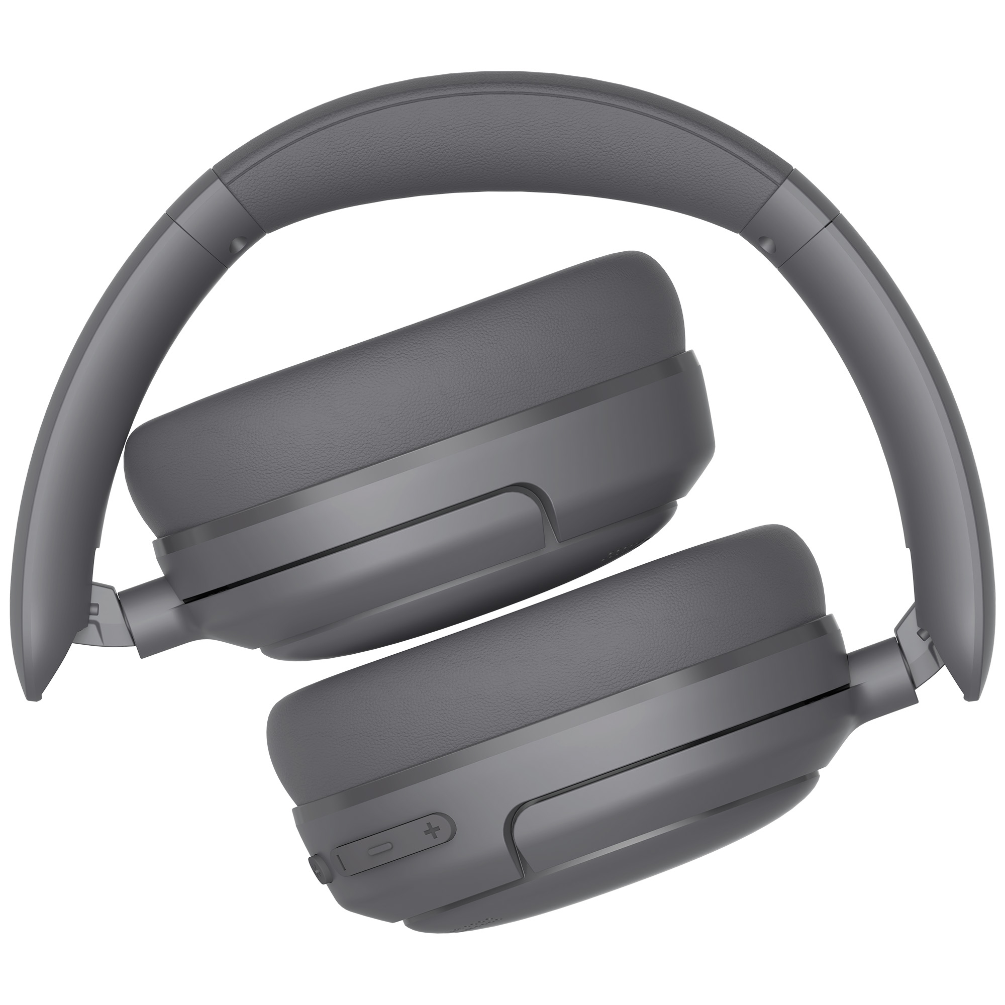 Szare słuchawki na białym tle. Słuchawki są złożone, pokazując nauszniki i pałąk.