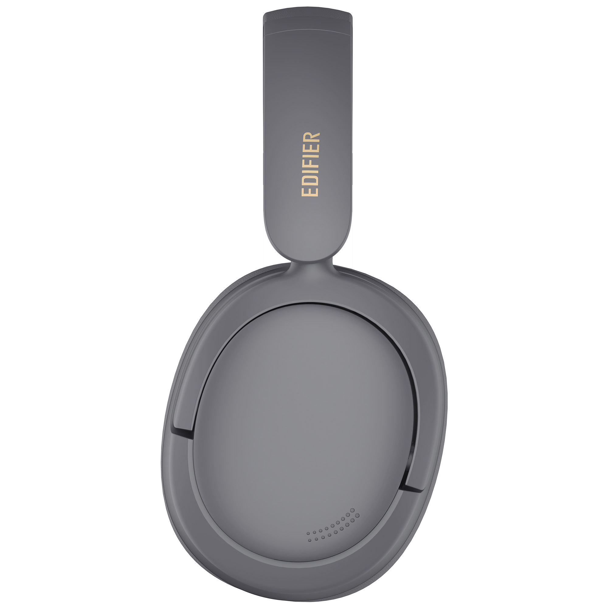 Szare słuchawki Edifier na białym tle. Opaska na głowę ma złote logo Edifier. Nauszniki są okrągłe.
