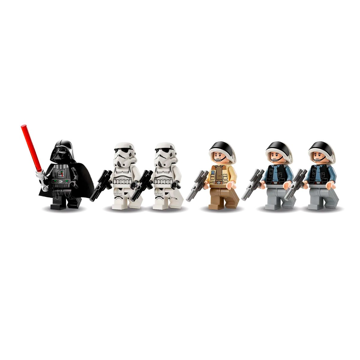 Figurki Lego Star Wars: Darth Vader z mieczem świetlnym, dwóch szturmowców i trzech żołnierzy z bronią, wszystko na białym tle.