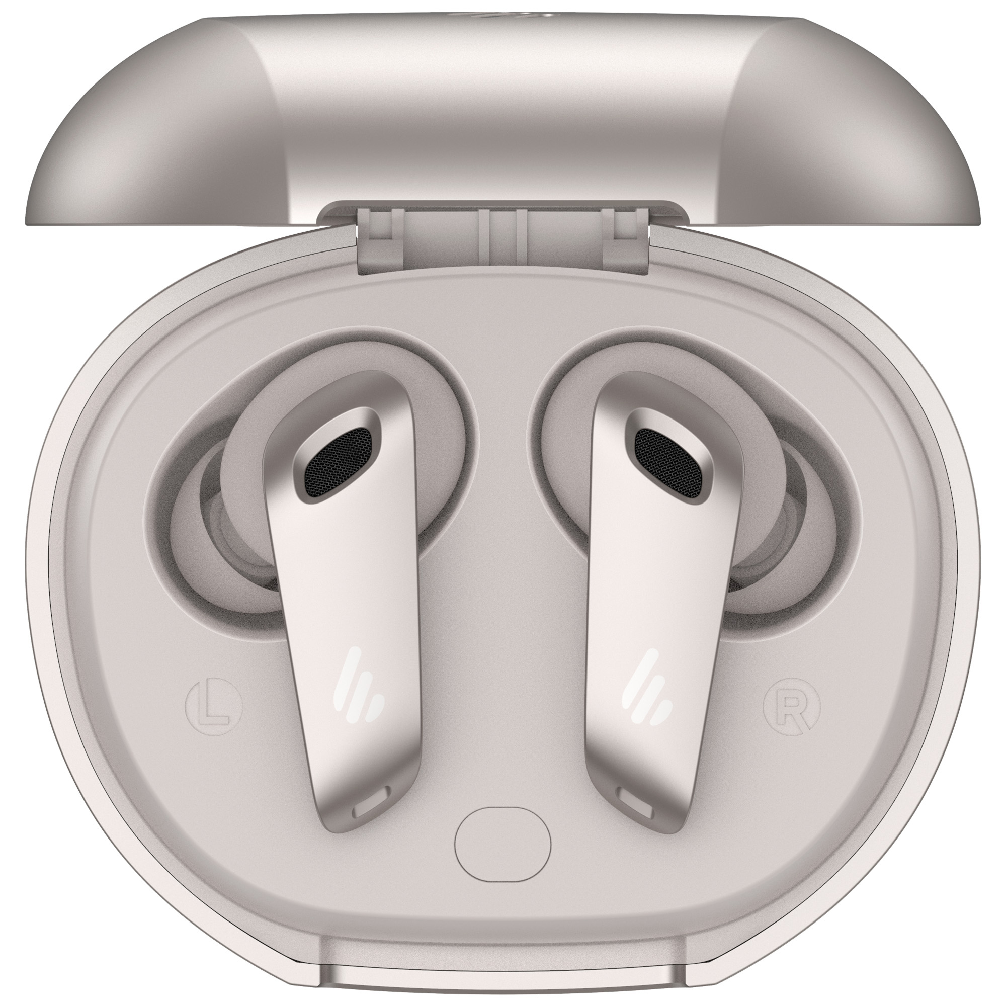 Otwarty, jasnoszary futerał na słuchawki z dwoma słuchawkami w środku. Pokrywa jest otwarta. Słuchawki są srebrne, z czarną siateczką.