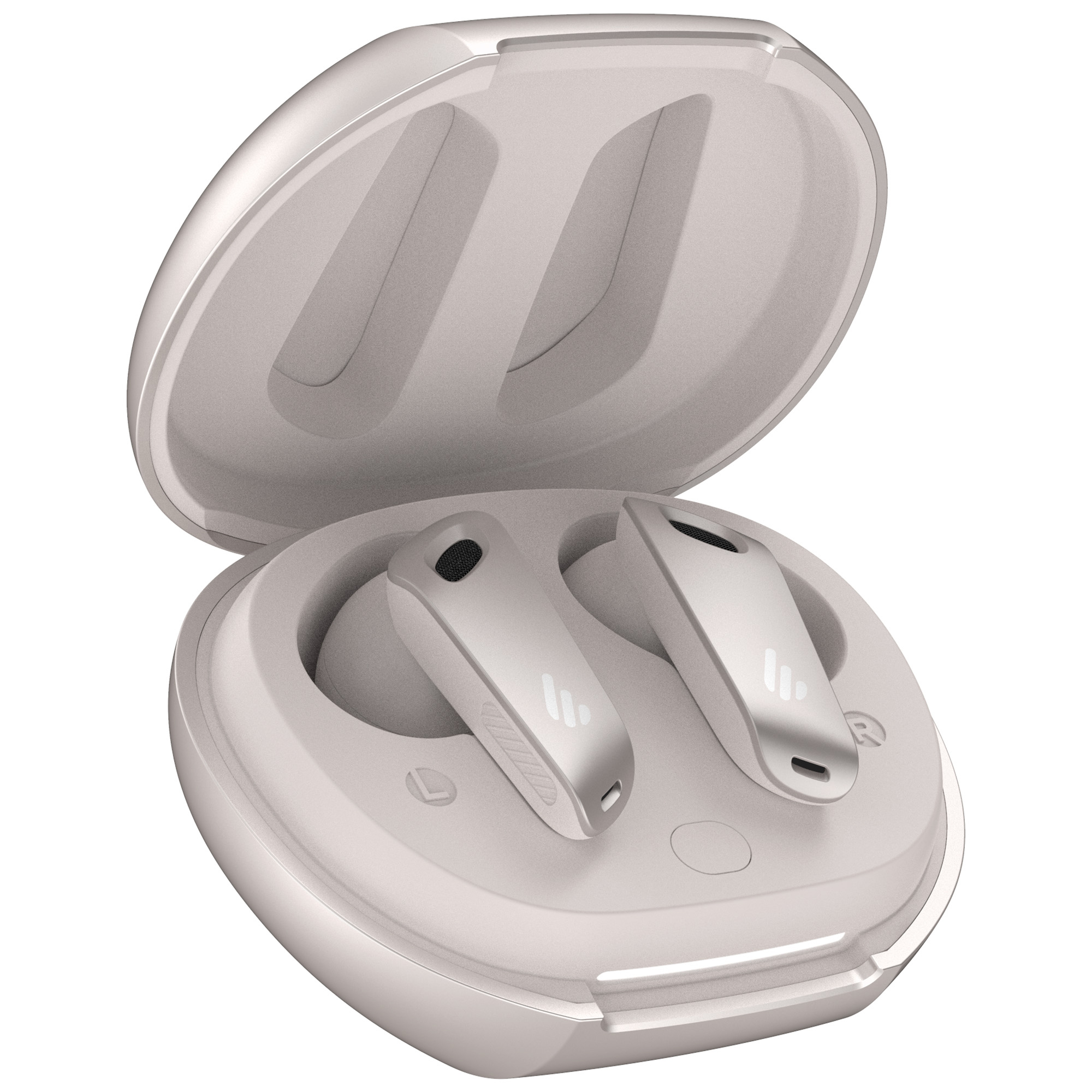 Otwarty, jasnoszary futerał na słuchawki z dwoma srebrnymi słuchawkami w środku. Pokrywa jest otwarta. Słuchawki mają logo marki.