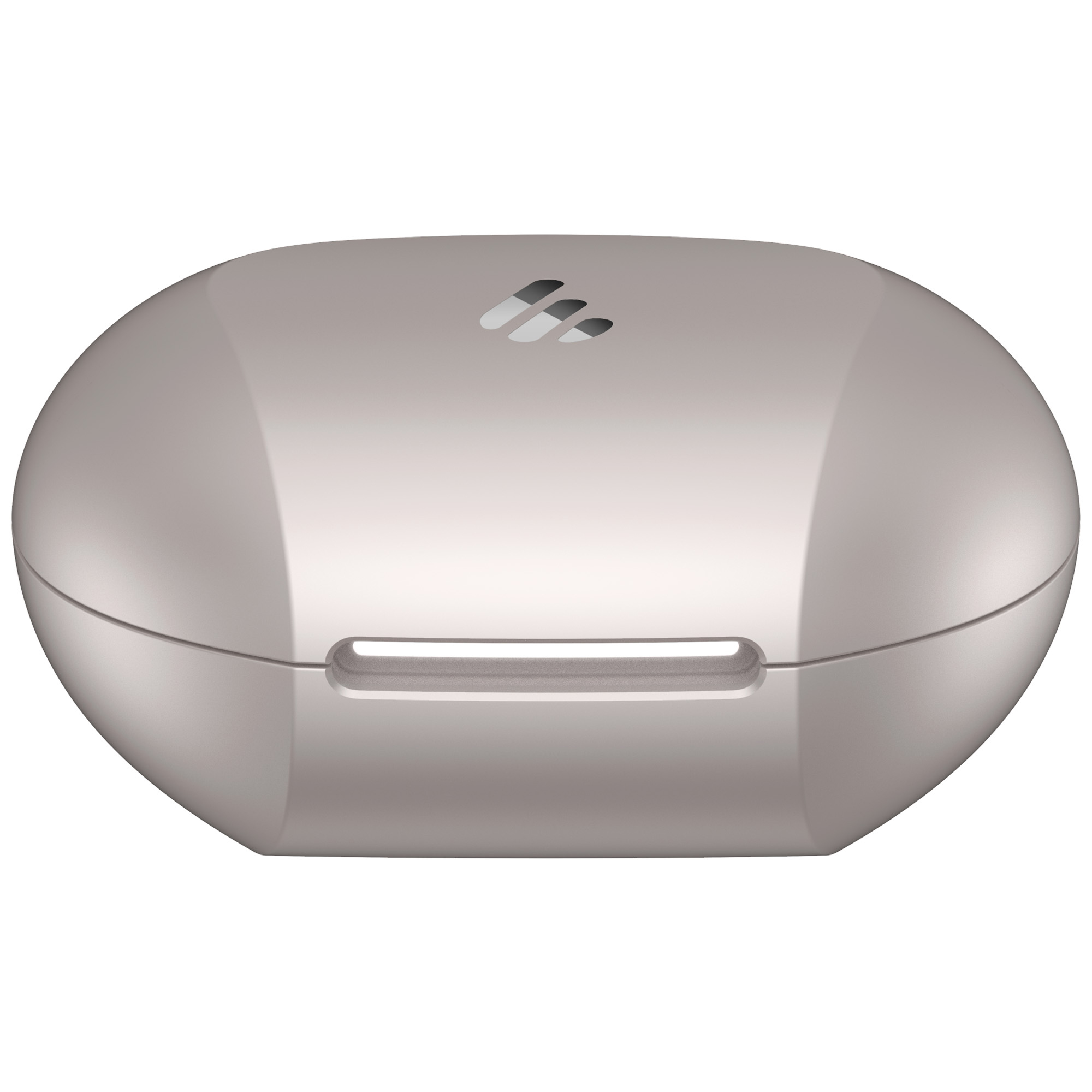 Zbliżenie jasnoszarego etui na słuchawki z logo. Etui ma zaokrąglony kształt. Białe tło.