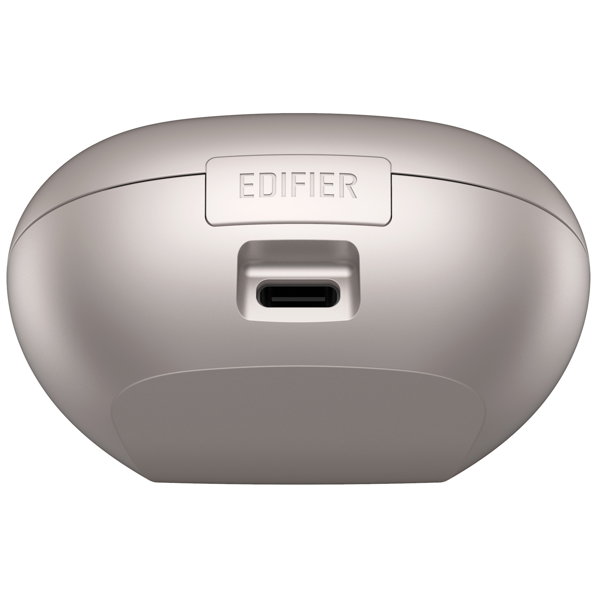 Zbliżenie na srebrną obudowę ładującą słuchawek Edifier, z nazwą marki i portem ładowania.