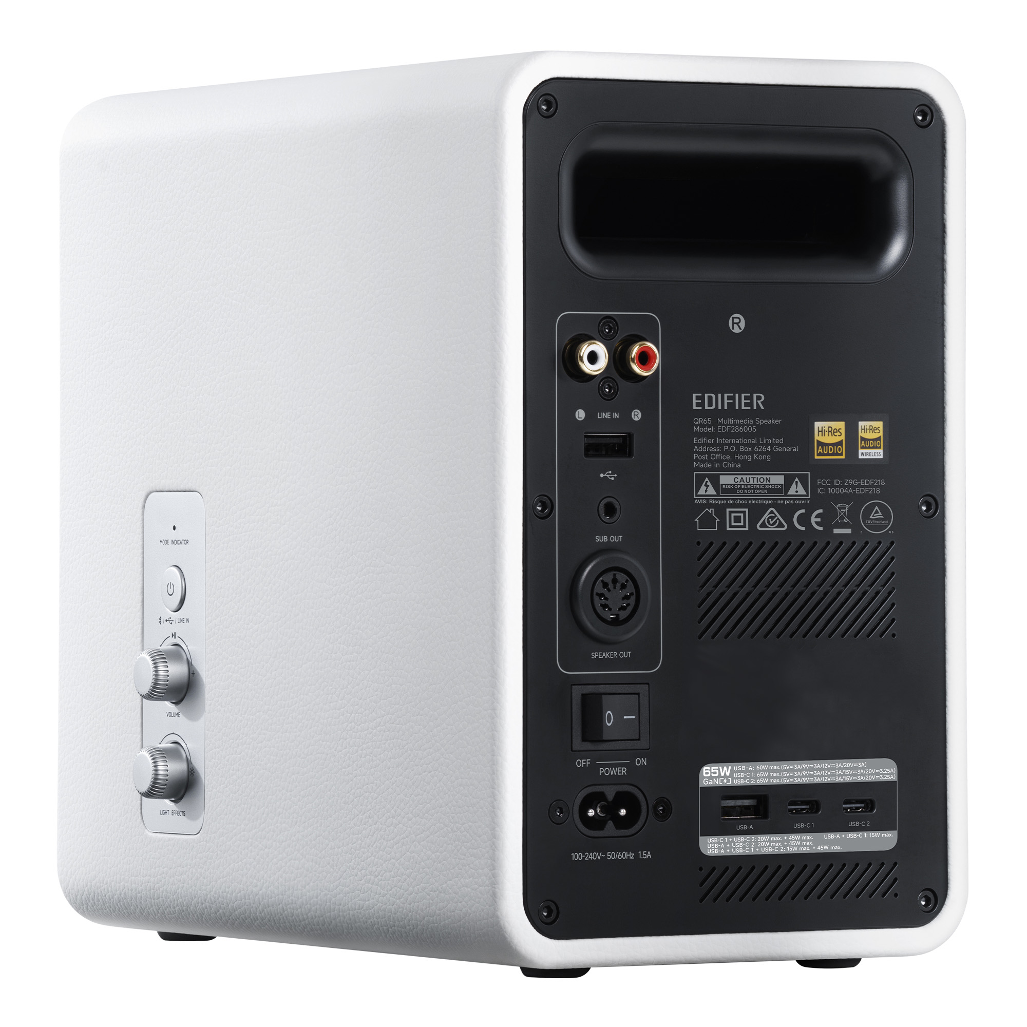 Biało-czarny głośnik. Posiada pokrętła, porty i etykiety. Tył pokazuje wiele portów i informacje o marce.