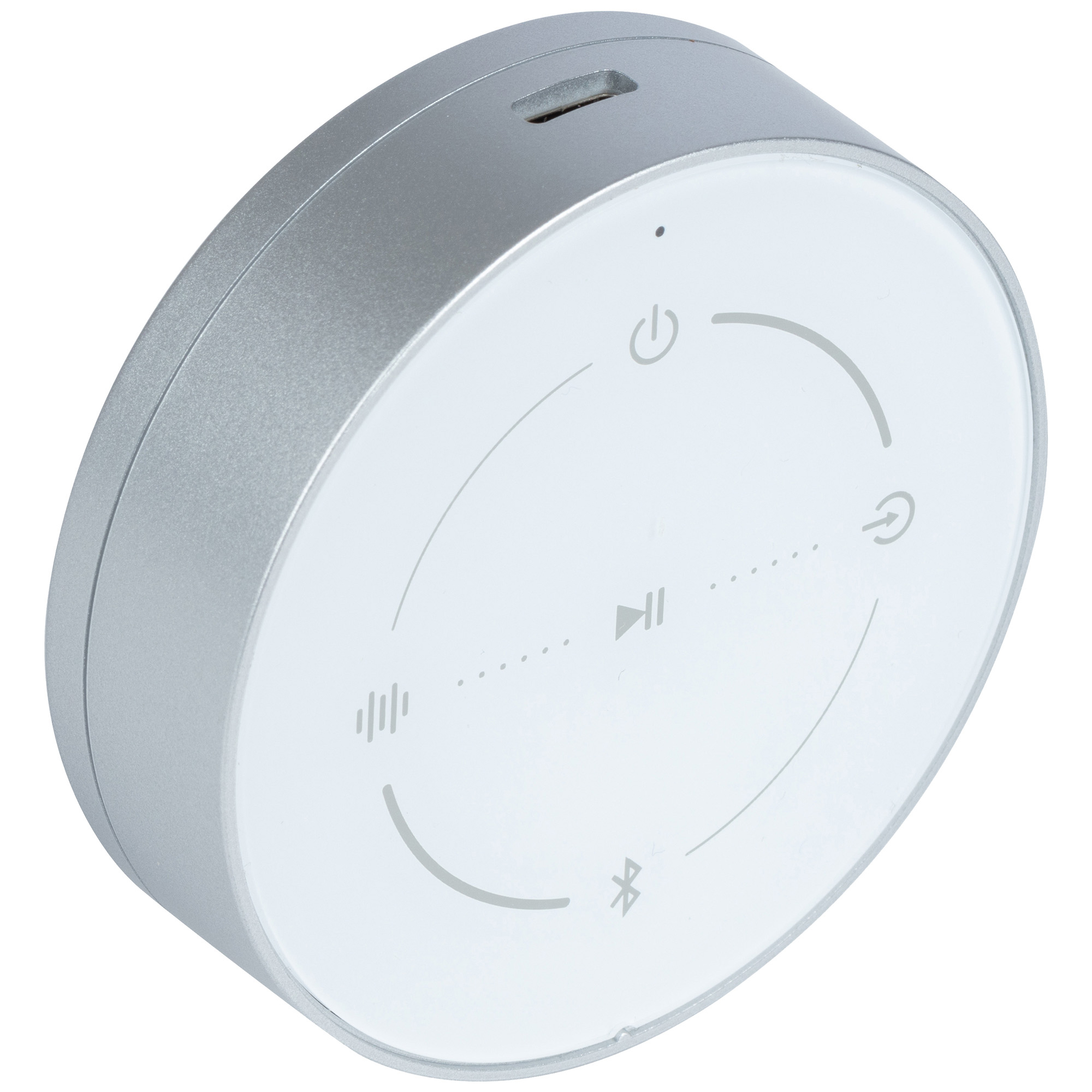 Srebrne i białe okrągłe urządzenie z symbolami sterowania. Posiada ikony zasilania, odtwarzania/pauzy i głośności.