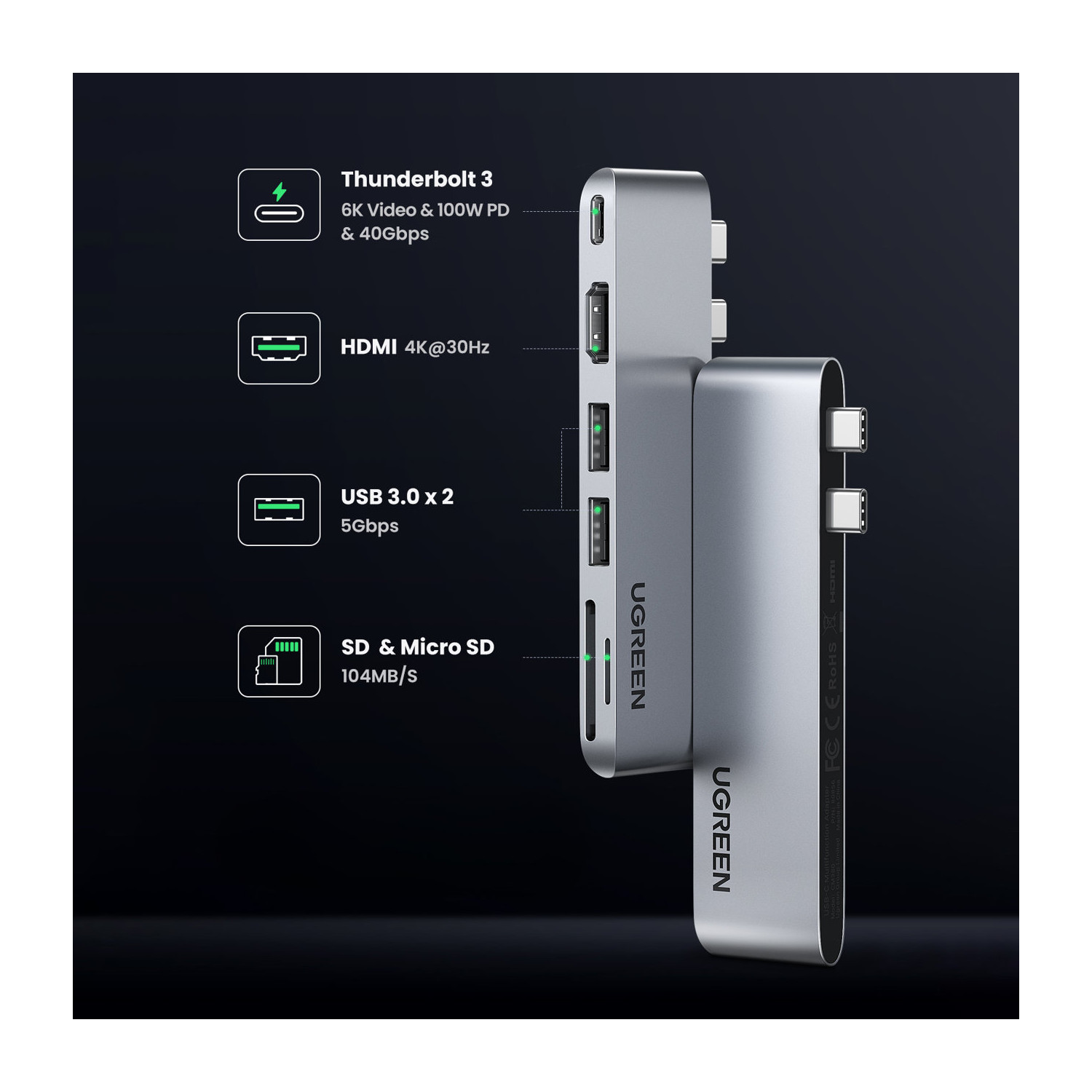 Srebrny hub USB-C UGREEN z wieloma portami: Thunderbolt 3, HDMI, USB i gniazdem kart SD. Posiada wideo 6K i PD 100W.