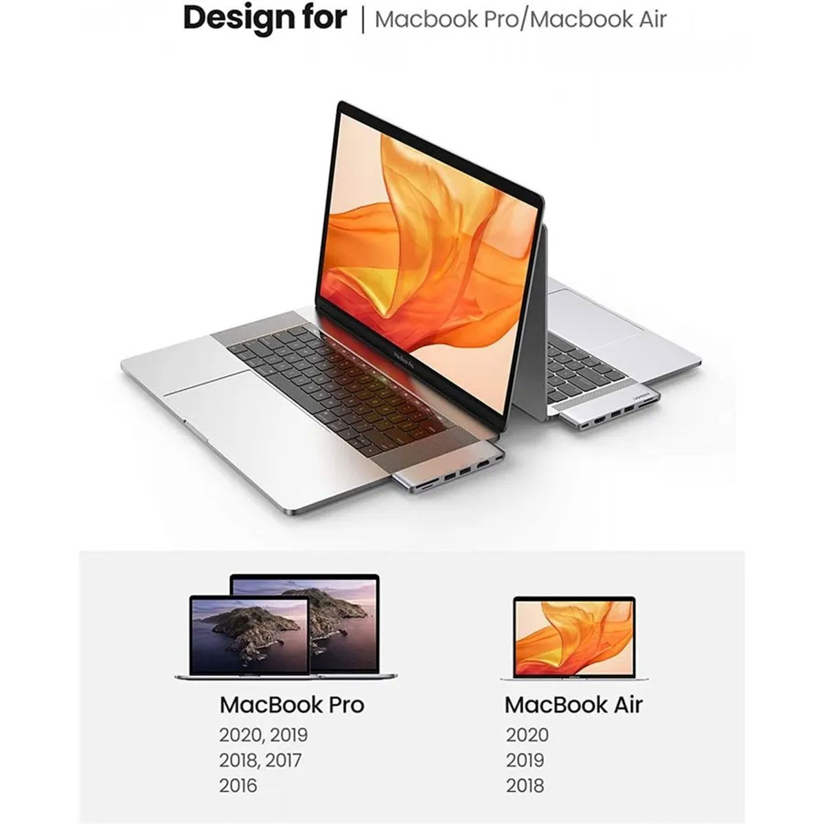 Wyświetlane są trzy srebrne MacBooki, jeden otwarty, pokazujący abstrakcyjny pomarańczowo-żółty wzór. Poniżej ikony MacBook Pro i Air.