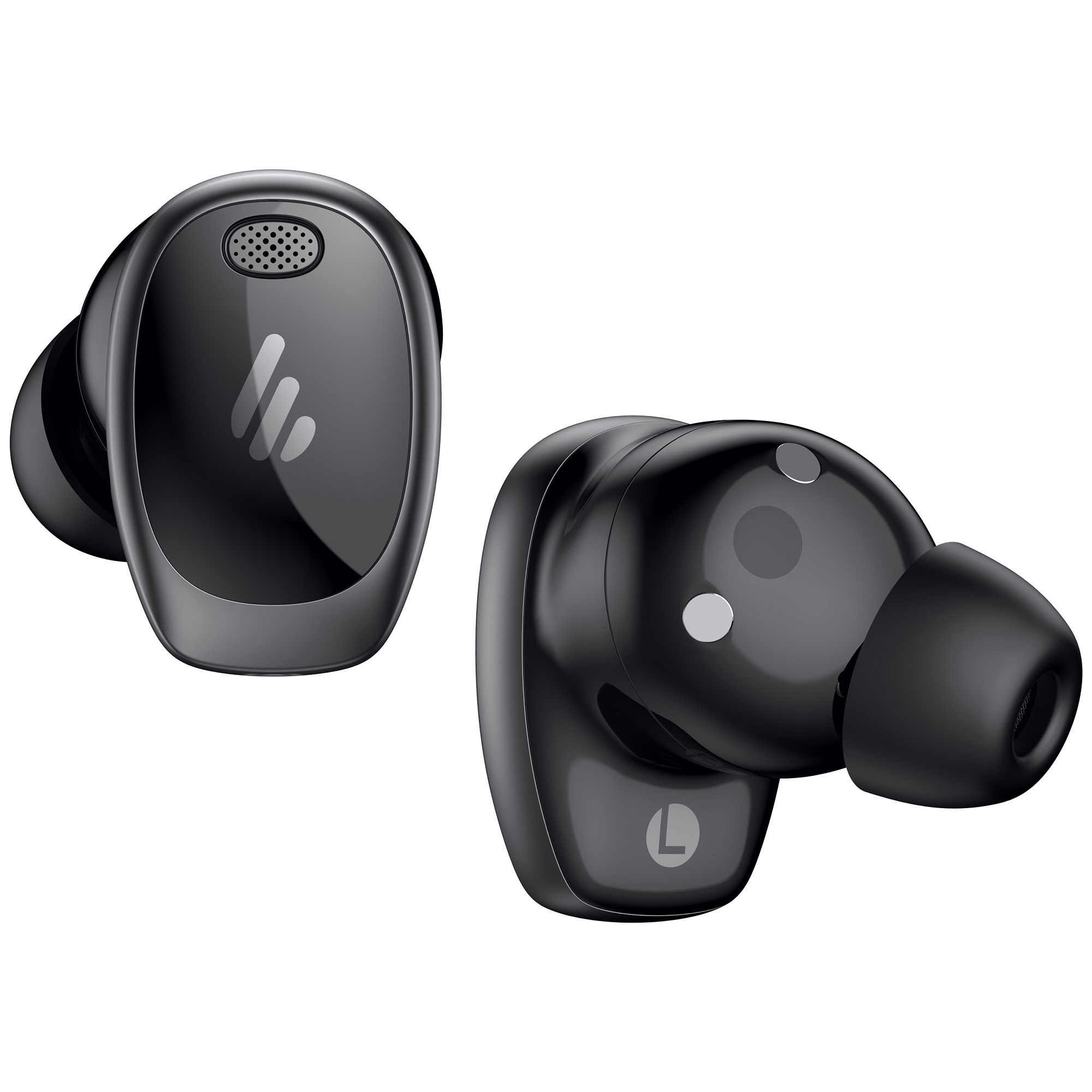 Dwa czarne bezprzewodowe słuchawki na białym tle. Jeden pokazuje głośnik, drugi końcówkę douszną.