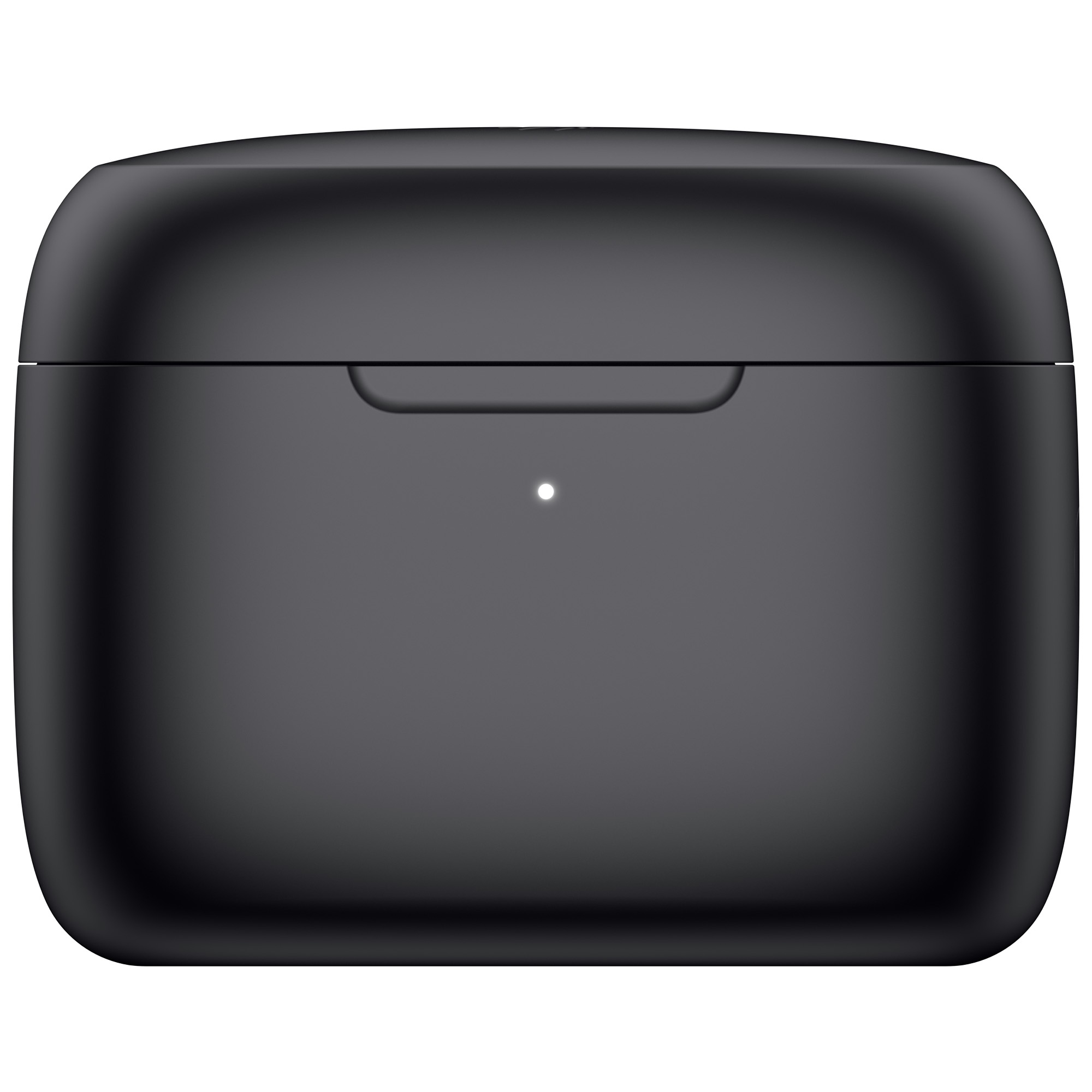 Czarny futerał ładujący do słuchawek. Ma zaokrąglony prostokątny kształt z małym światłem i rowkiem z przodu.