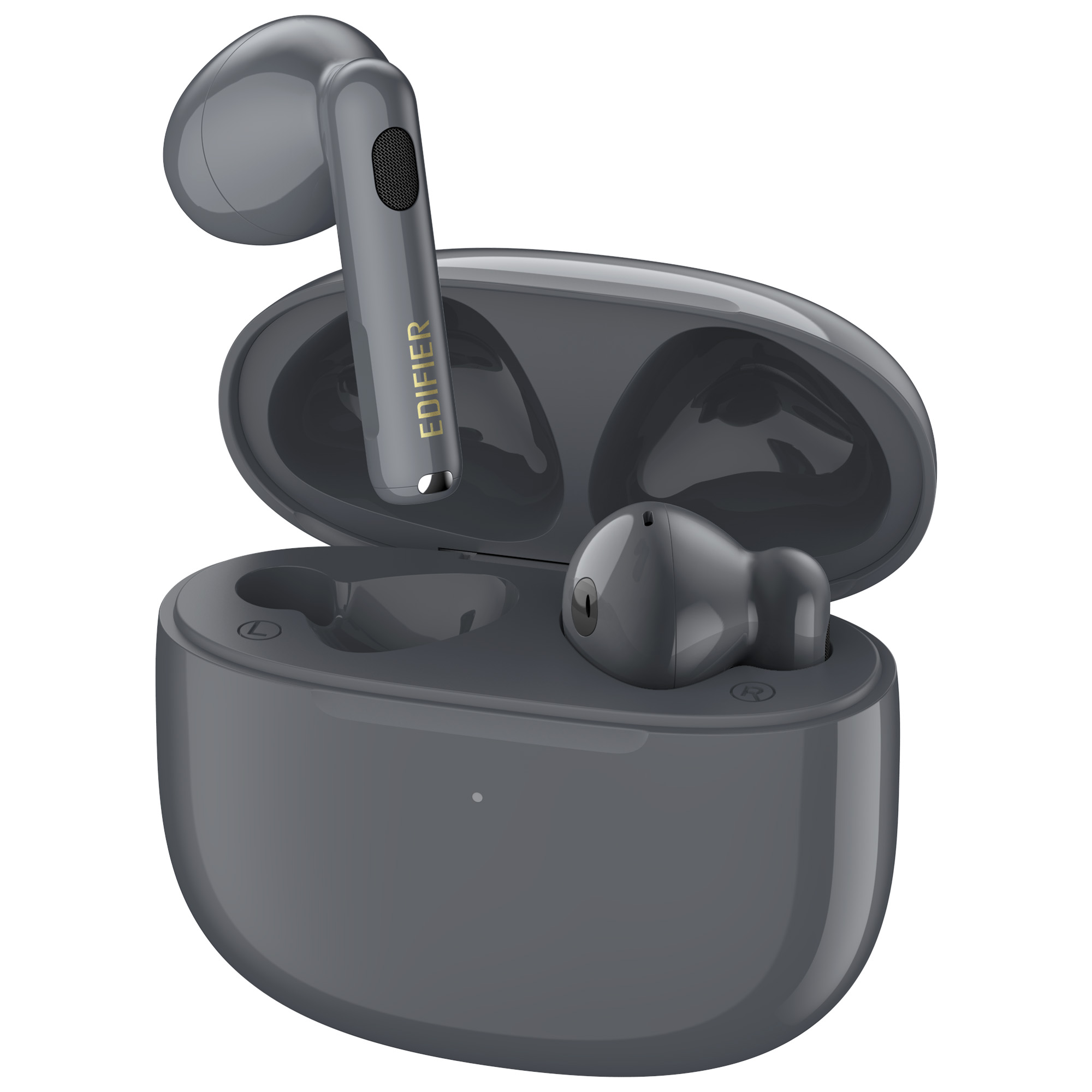 Auricolari grigi in una custodia di ricarica. Un auricolare è fuori, con il marchio visibile. La custodia è aperta su sfondo bianco.