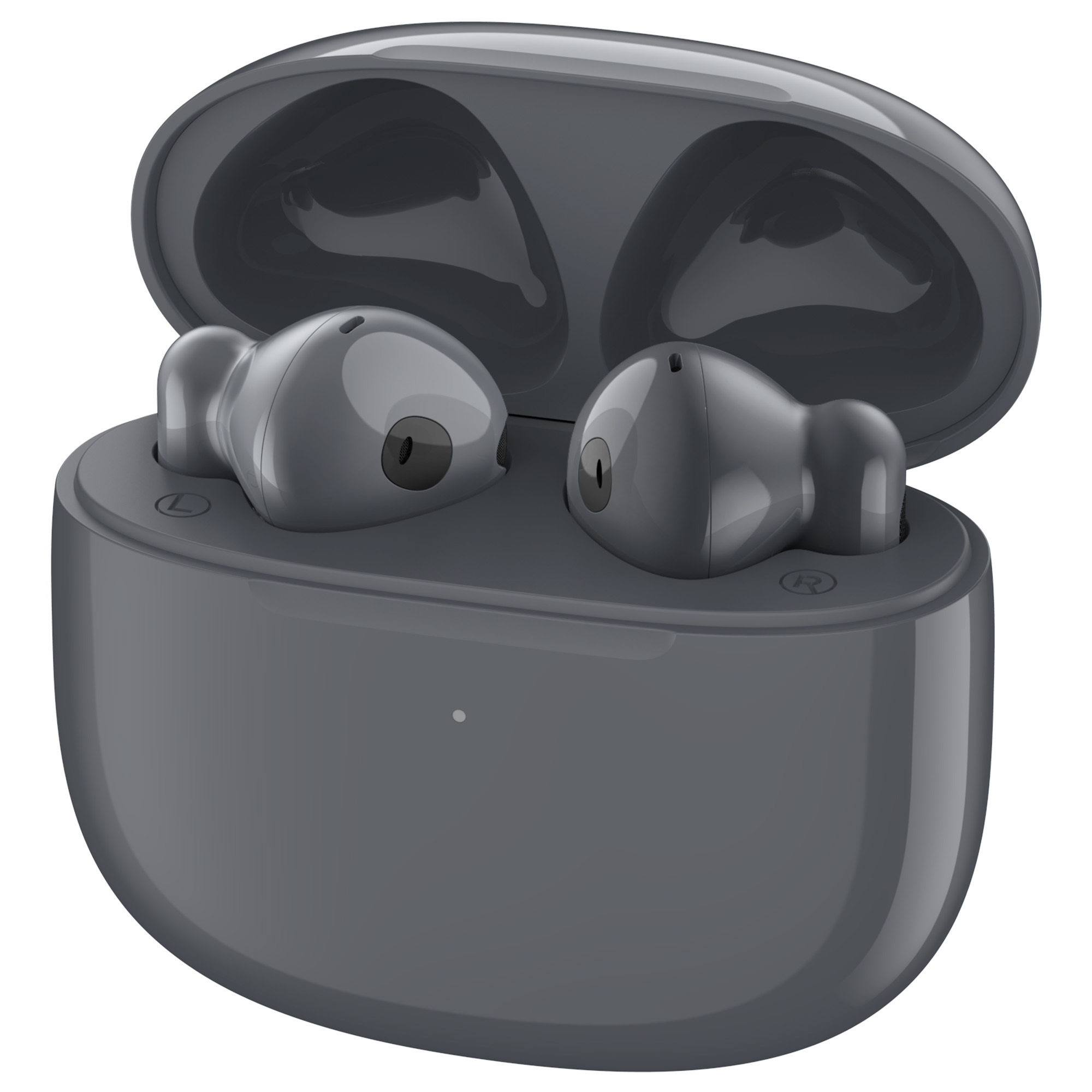 Un astuccio di ricarica grigio con due auricolari all'interno. L'astuccio è aperto, mostrando gli auricolari.