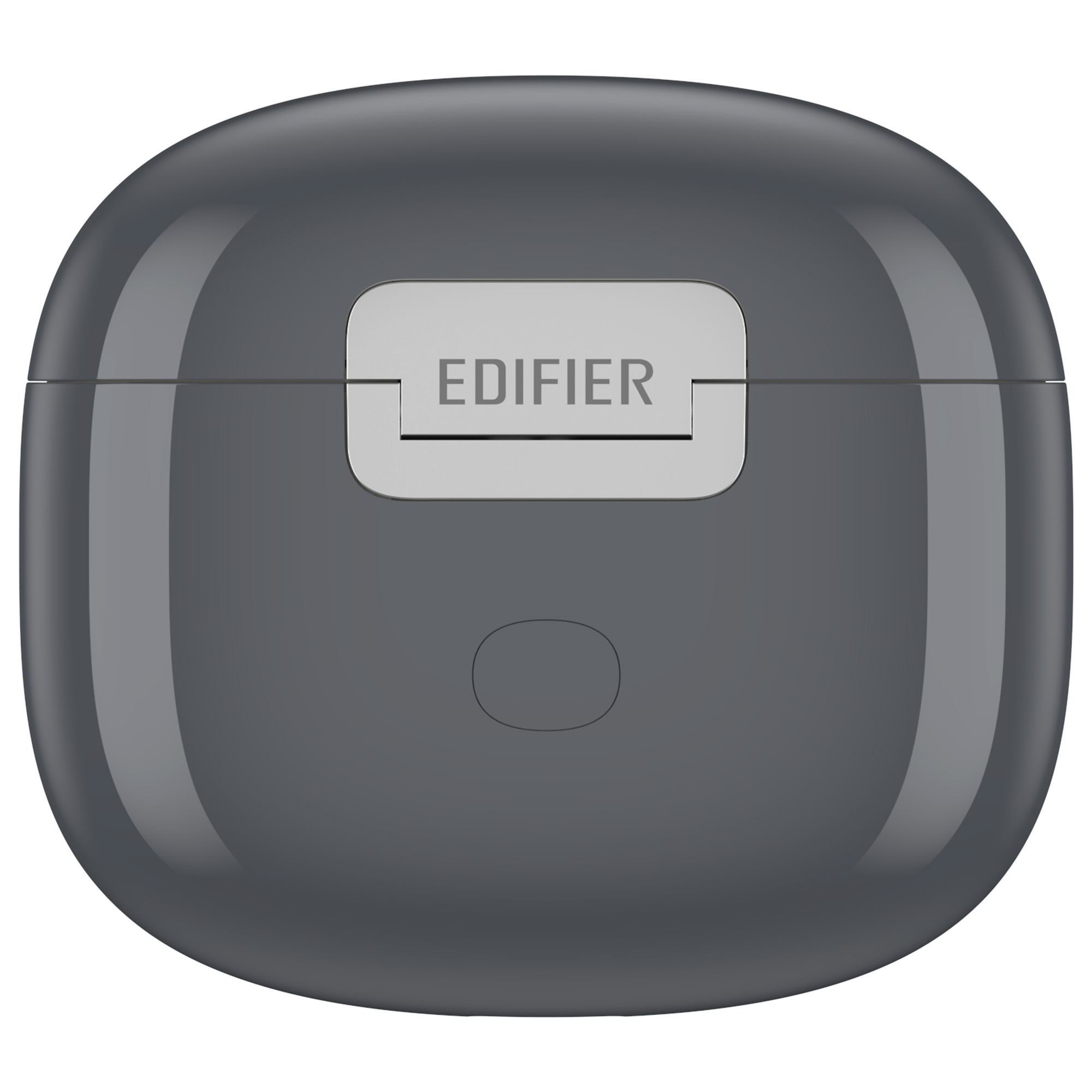 Una custodia per auricolari Edifier grigio scuro lucido. Ha un rettangolo grigio chiaro con il marchio sopra e un pulsante sotto.