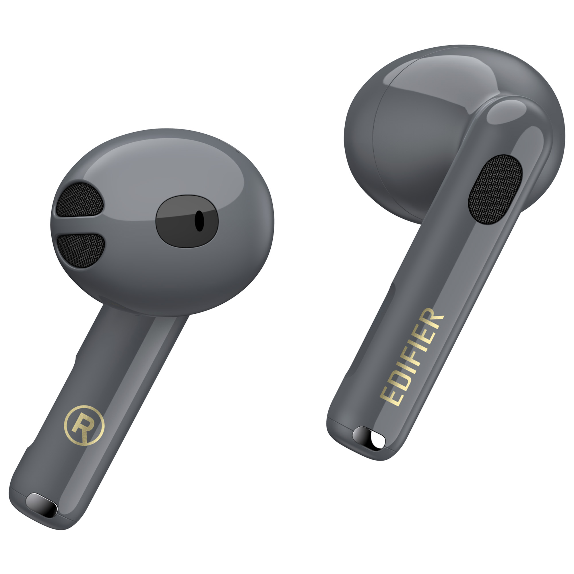 Due auricolari wireless grigi su sfondo bianco. Uno mostra un logo 'R'. L'altro ha 'EDIFIER' in oro.