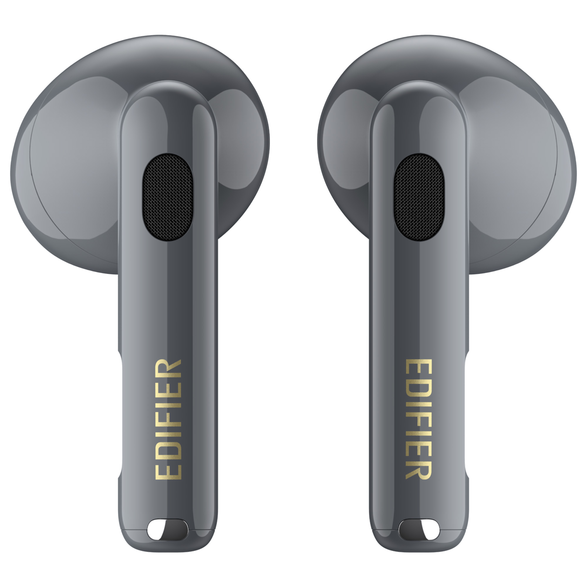 Due auricolari wireless grigi con il marchio "EDIFIER" in oro. Sfondo bianco.
