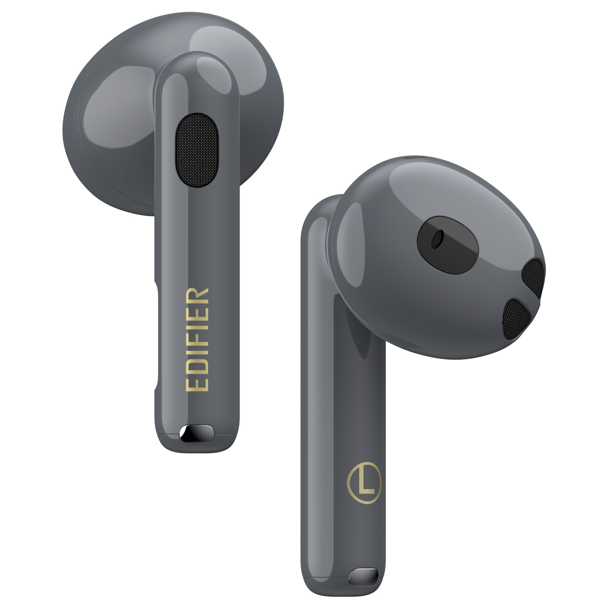 Due auricolari wireless grigi su bianco. L'auricolare sinistro ha "EDIFIER", quello destro ha "L".