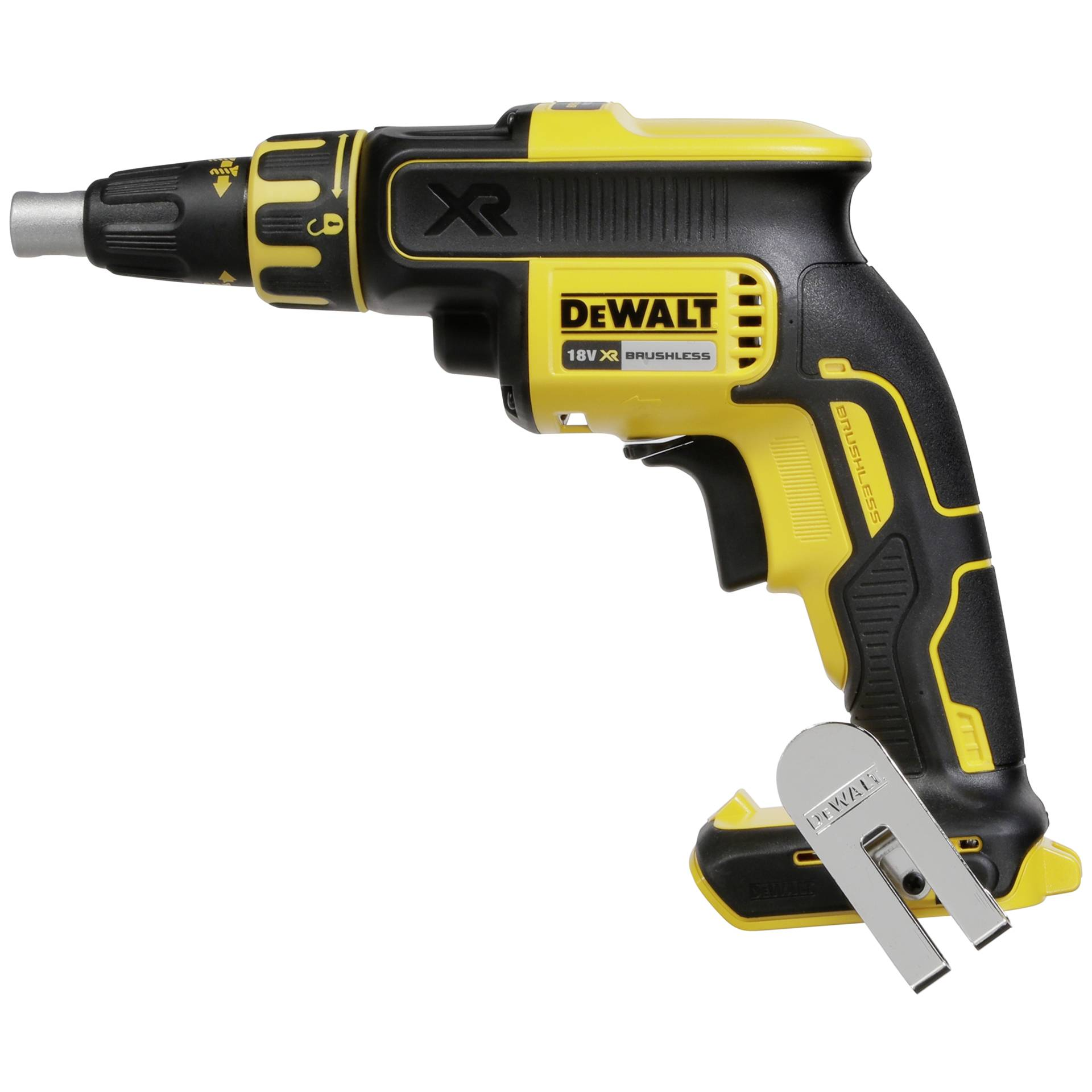 Ein bürstenloser 18V XR-Schraubendreher von Dewalt. Schwarz und gelb, mit einem silbernen Bit. Der Akku ist angebracht.