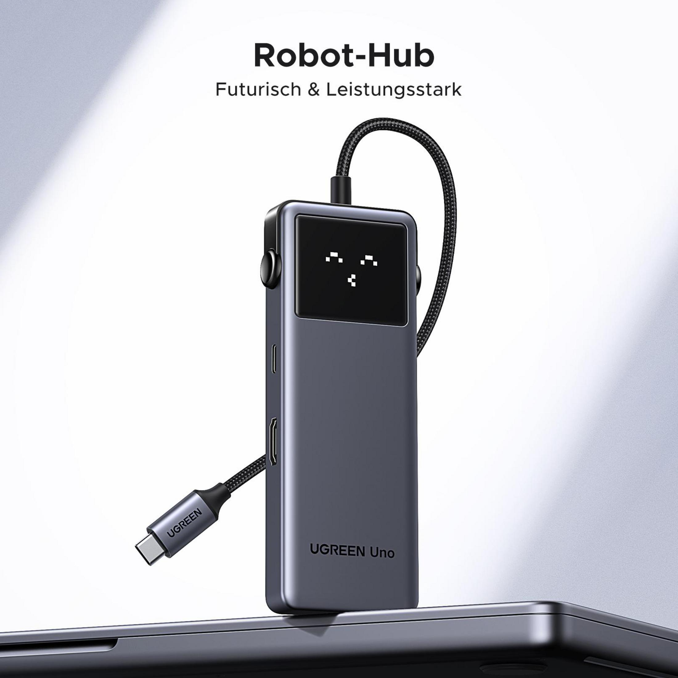 Szary UGREEN Uno Robot-Hub z ekranem wyświetlającym twarz. Ma czarny kabel.
